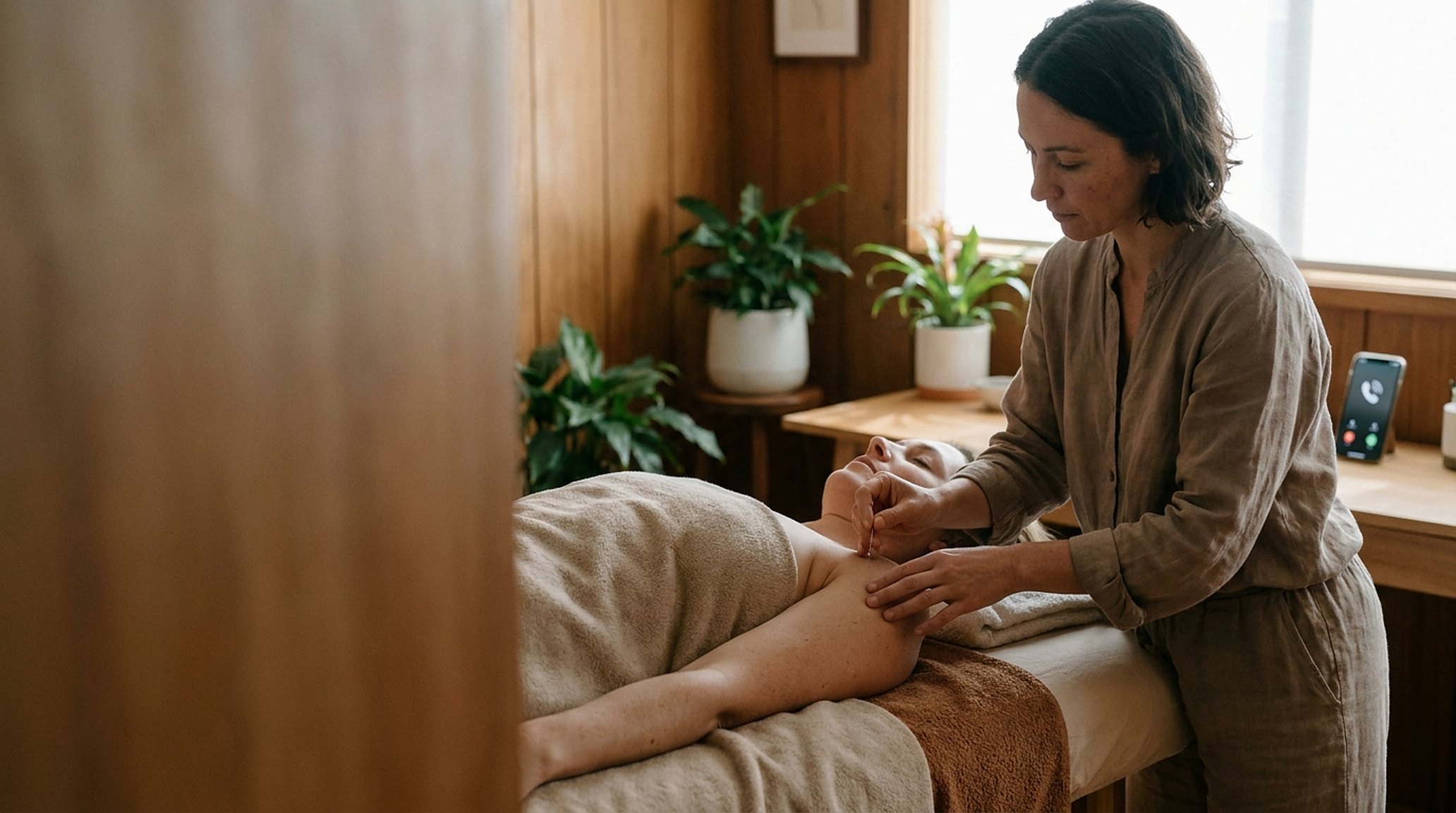 An acupuncturist placing needles with total concentration; a phone lit up on the desk, ignored