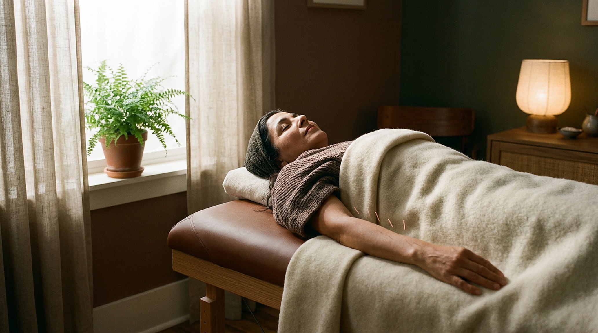 A patient resting peacefully in a warm treatment room, needles in place, soft light