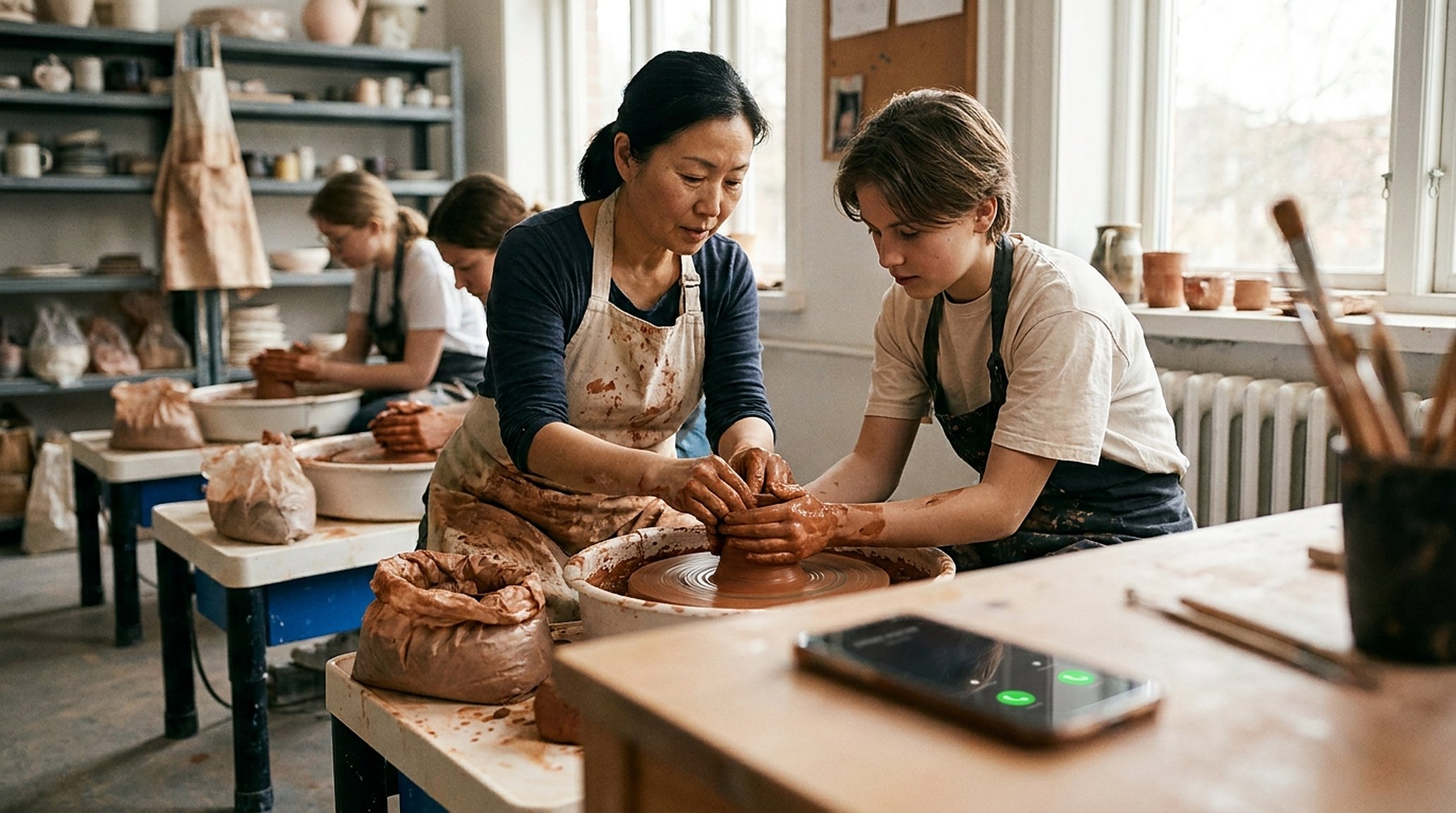 A pottery tutor guiding a student's hands on the wheel, clay everywhere; a phone lit up on the desk, ignored