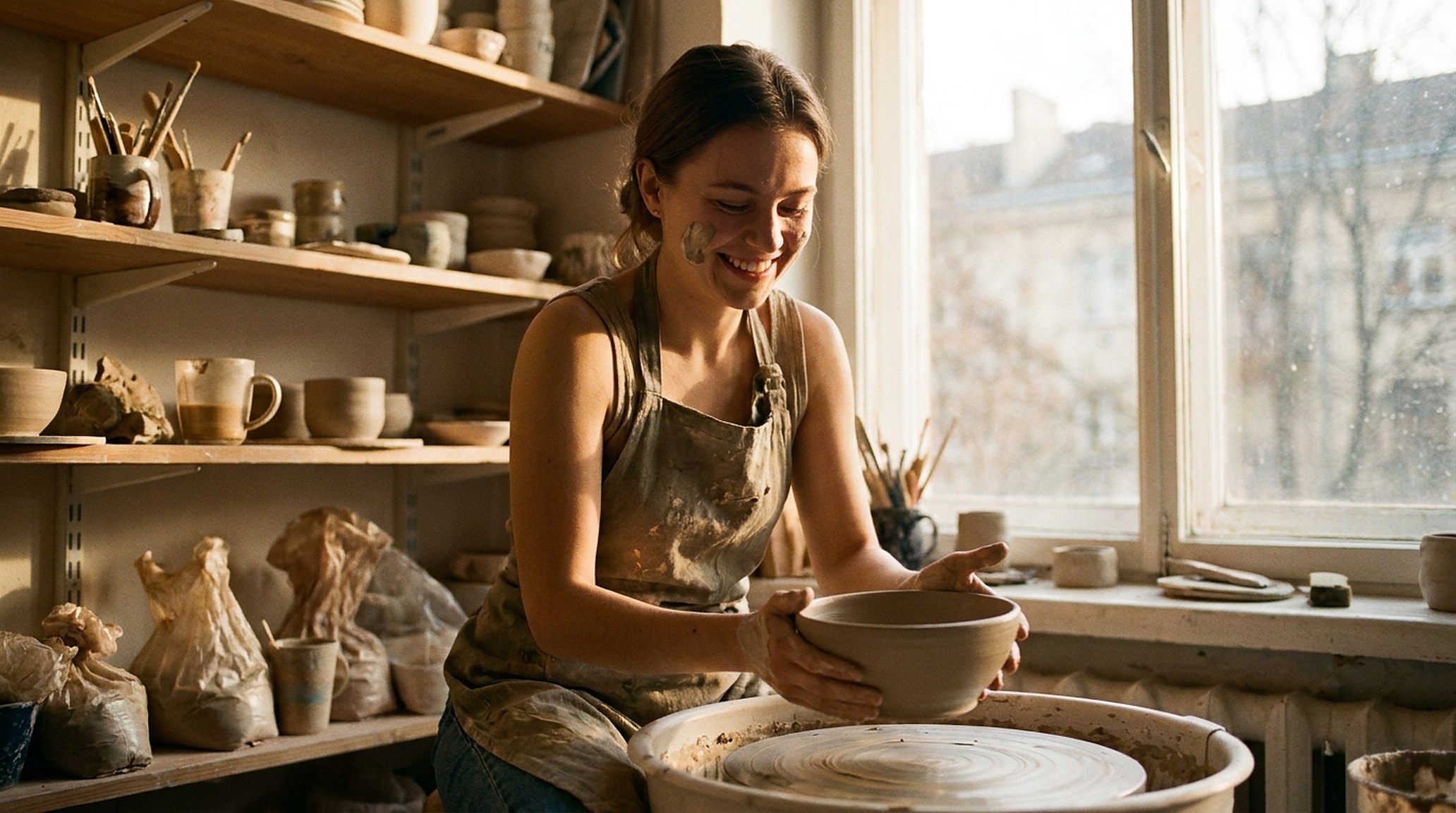 A student lifting a finished bowl from the wheel, delighted, clay on her cheek