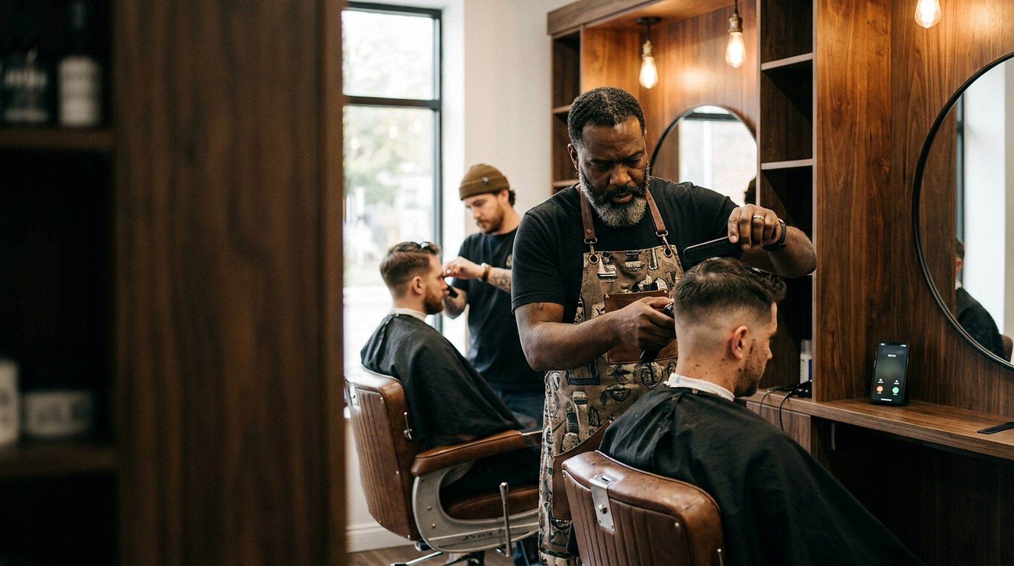 A barber mid-fade, clippers in hand, focused; a phone glowing on the station, ignored