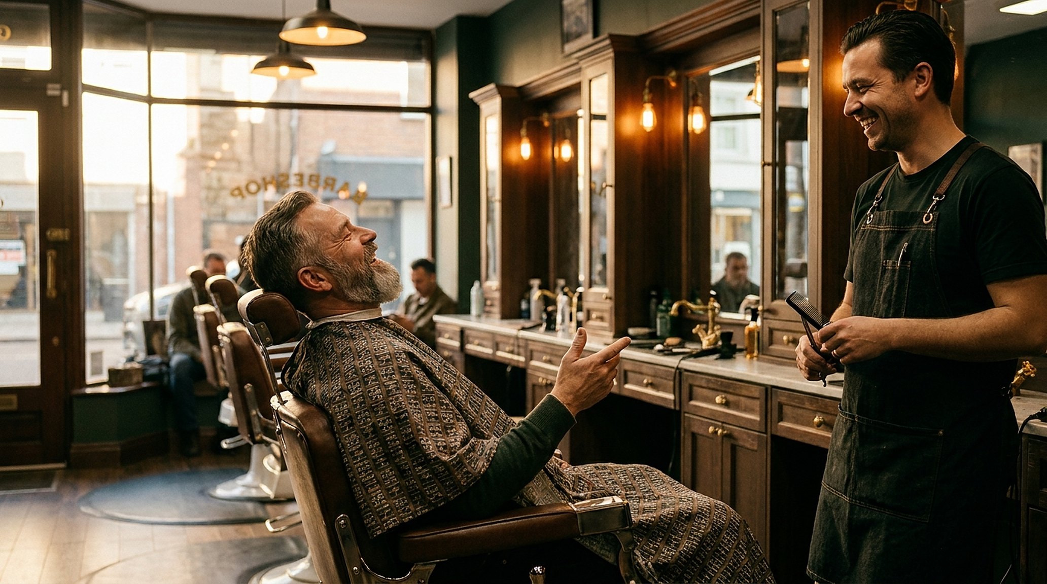 A regular in the chair, cape on, laughing with the barber, warm afternoon light