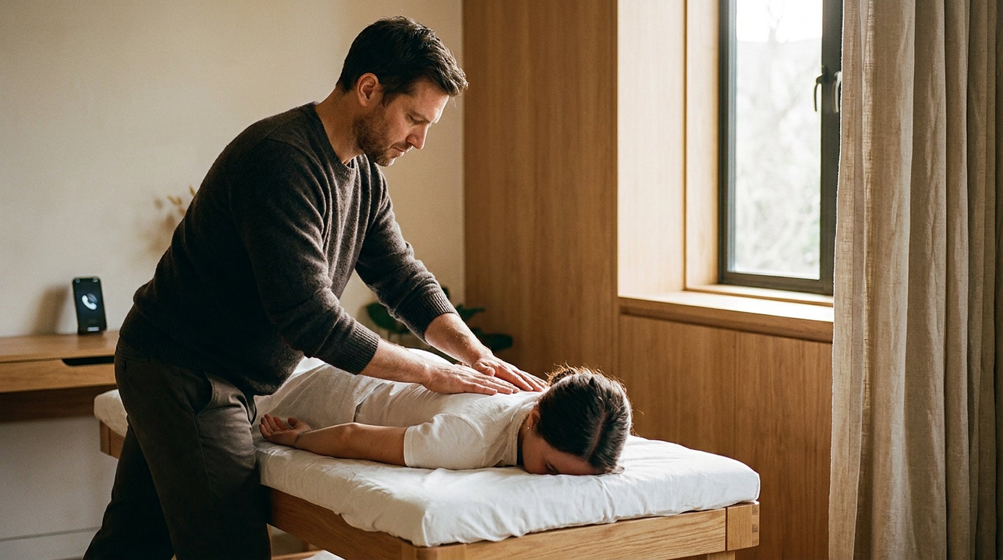 A chiropractor mid-adjustment, both hands placed with care; a phone lit up on the desk, ignored