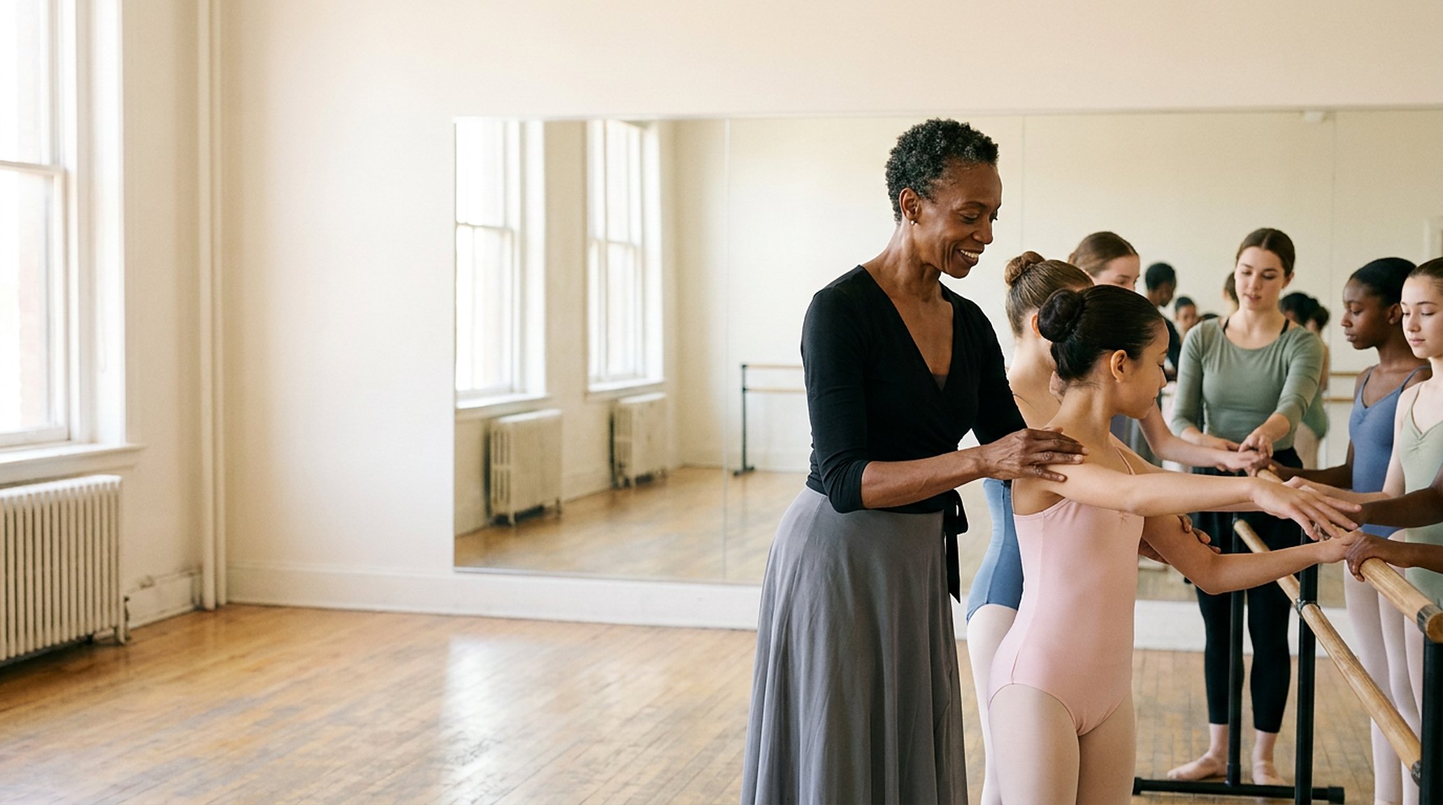 A dance teacher mid-class with young dancers at the barre, focused; a phone lit up on the reception desk, ignored