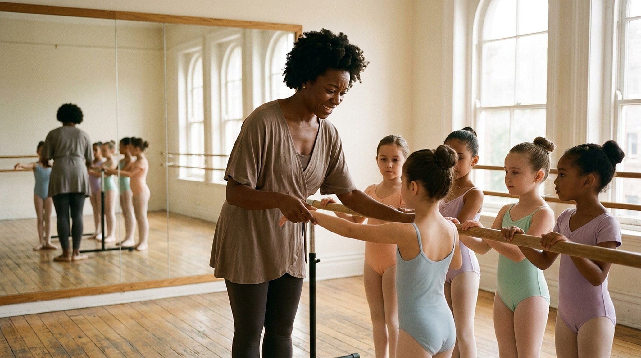 A dance teacher mid-class with young dancers at the barre, focused; a phone lit up on the reception desk, ignored