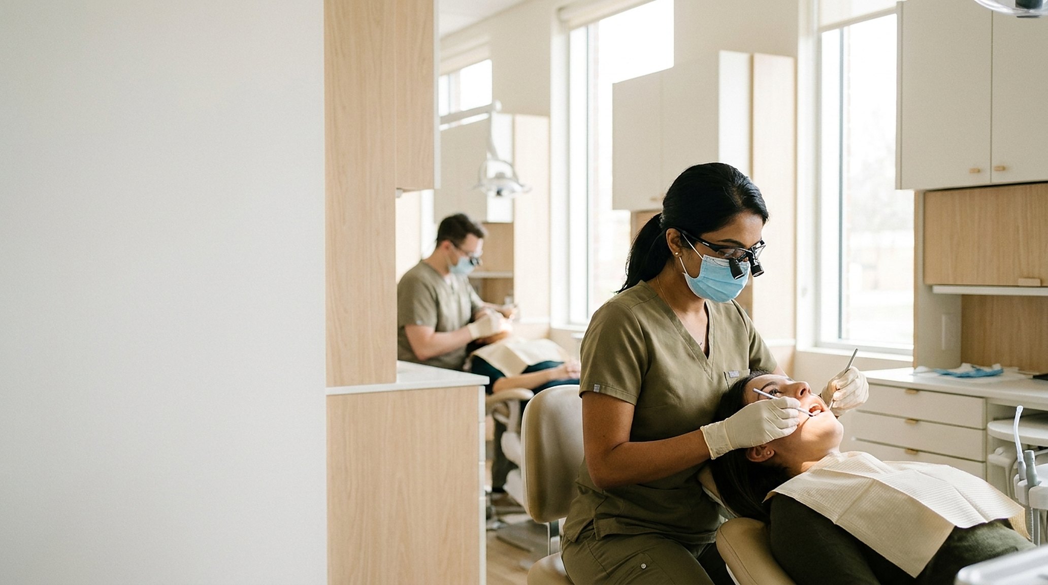 A dentist working chairside, gloved and focused; a phone lit up on the reception desk, ignored