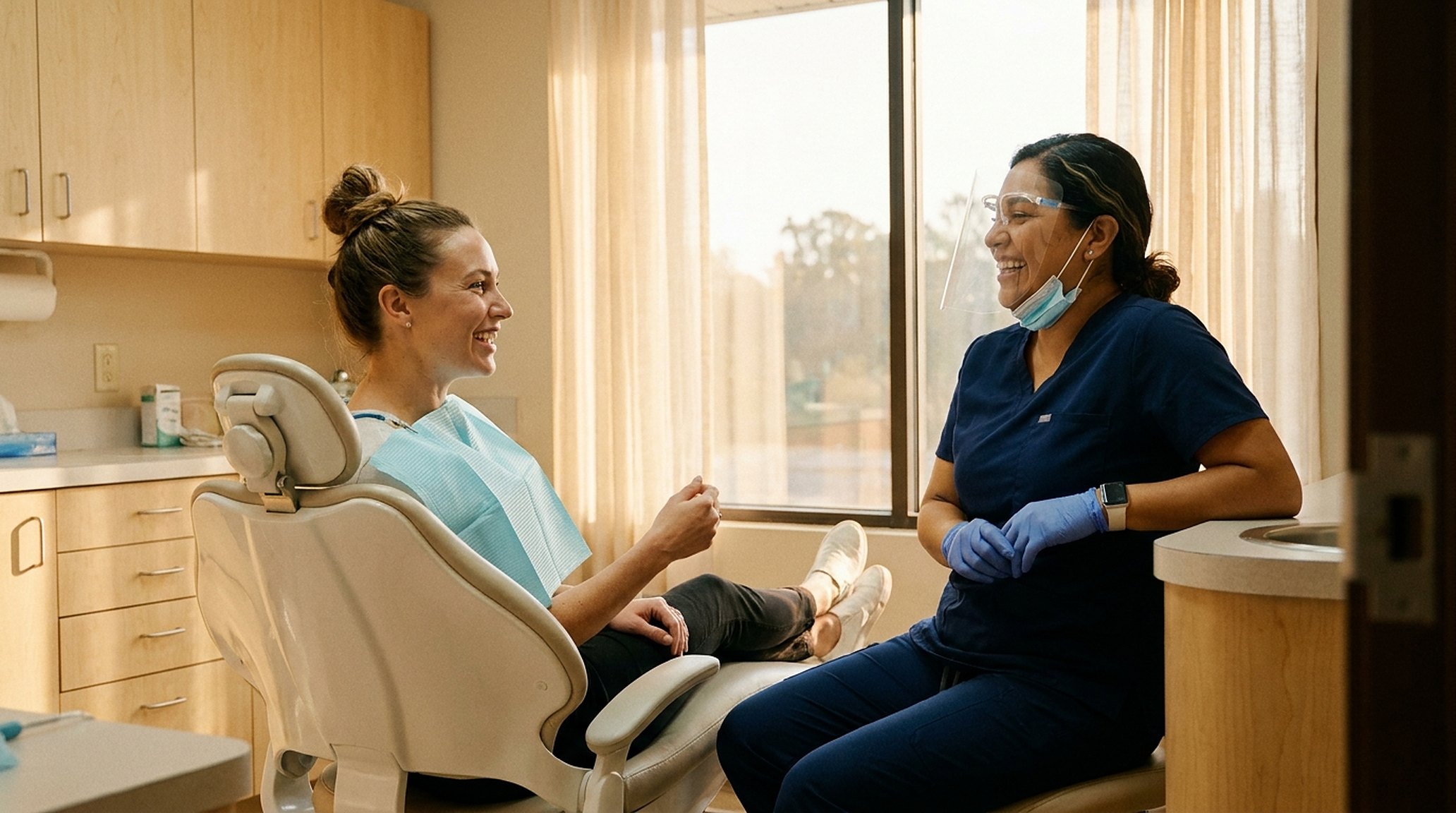A patient smiling in the chair after treatment, the hygienist chatting with them, morning light