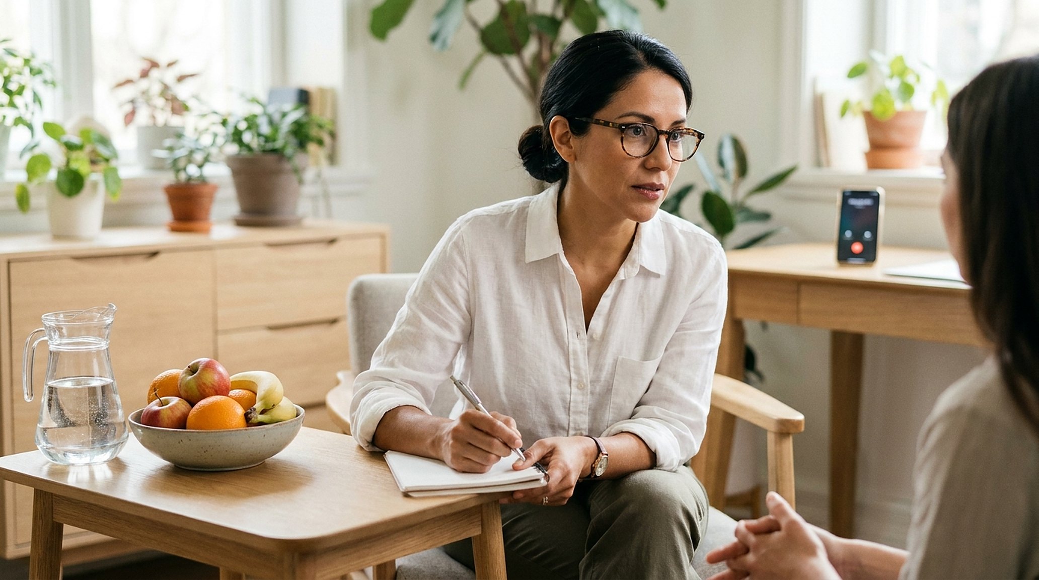 A dietitian in consultation with a client across a small table, listening; a phone lit up on the desk behind, ignored