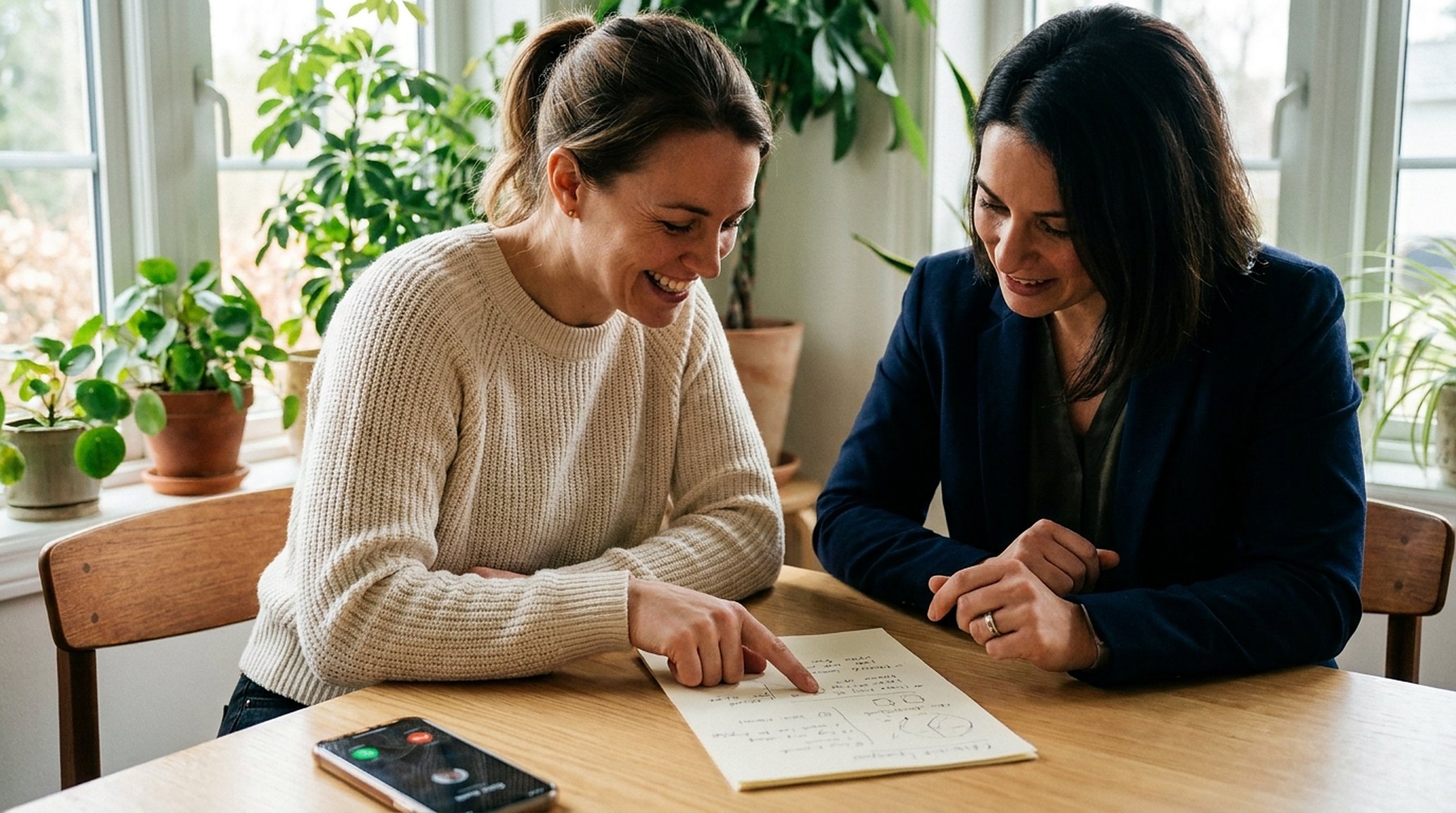 A client and dietitian looking at a simple plan on paper together, morning light, plants