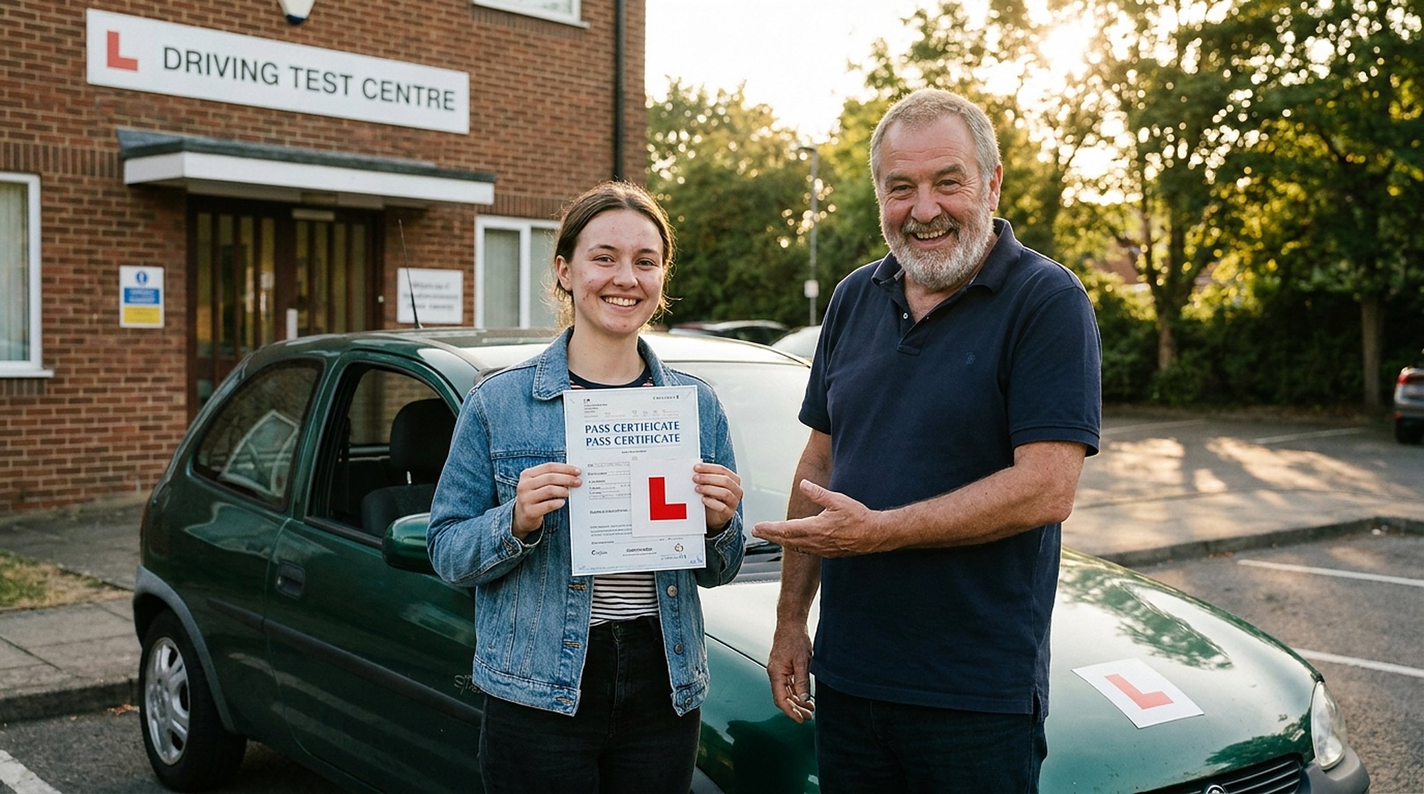 A learner holding up a pass certificate beside the car, instructor grinning