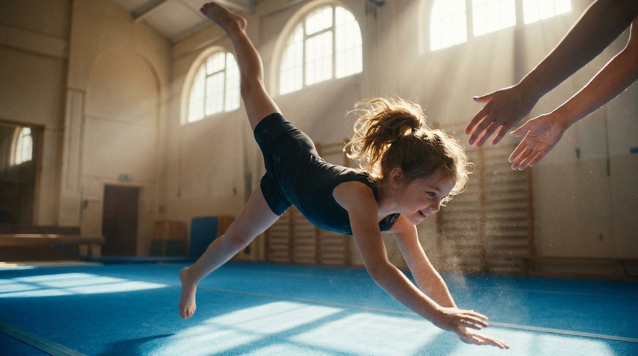 A young gymnast mid-cartwheel on the floor, chalk in the air, coach's hands ready