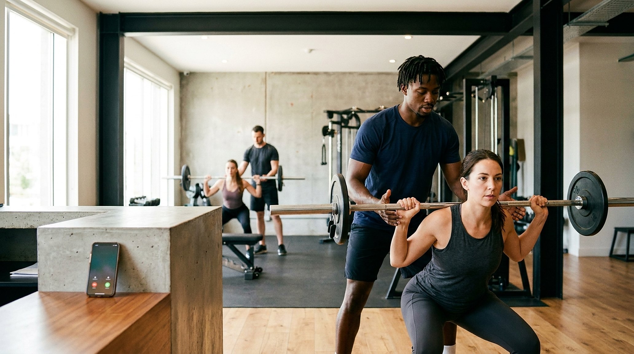 A personal trainer spotting a client mid-lift, focused; a phone lit up on the desk, ignored