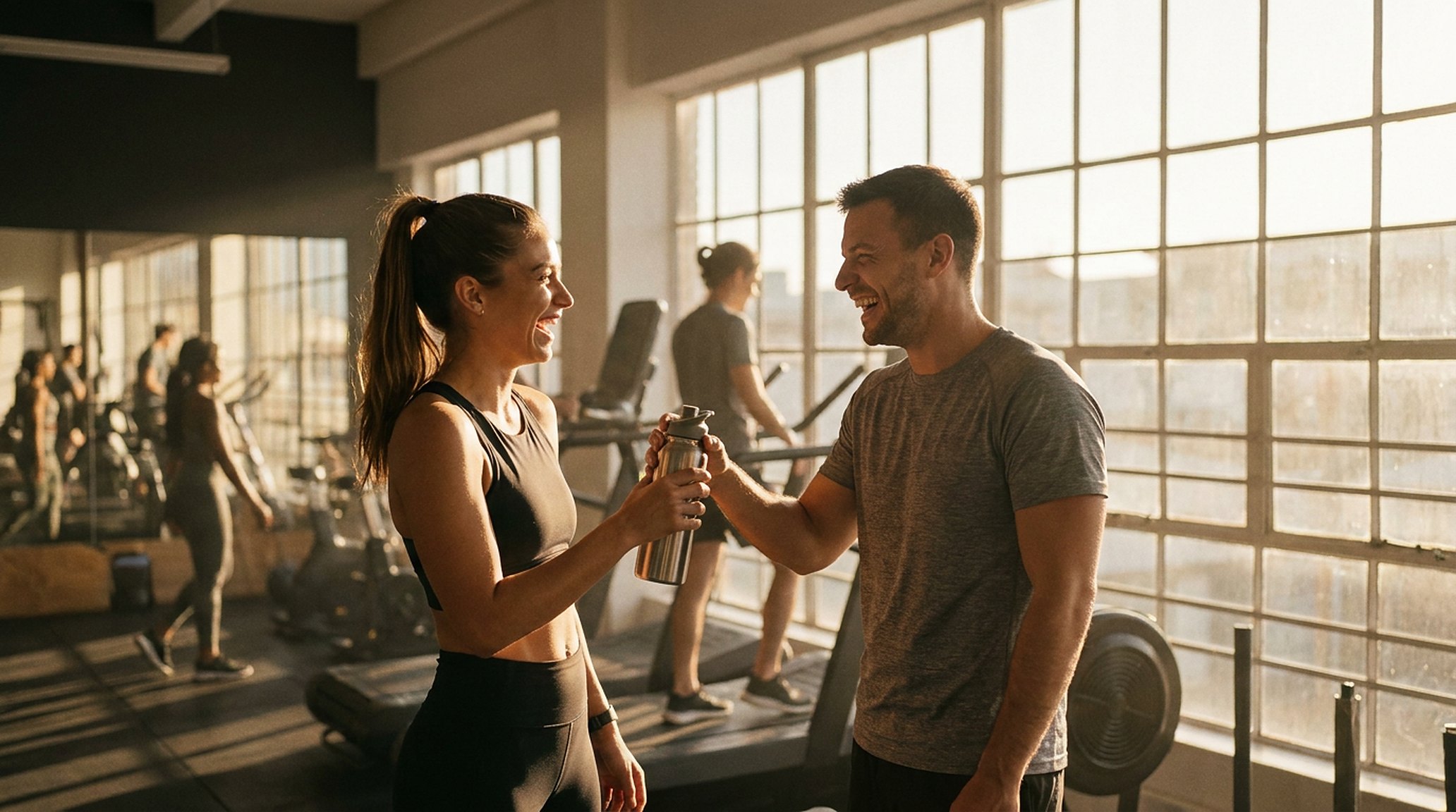 A trainer and a client laughing between sets in a bright gym