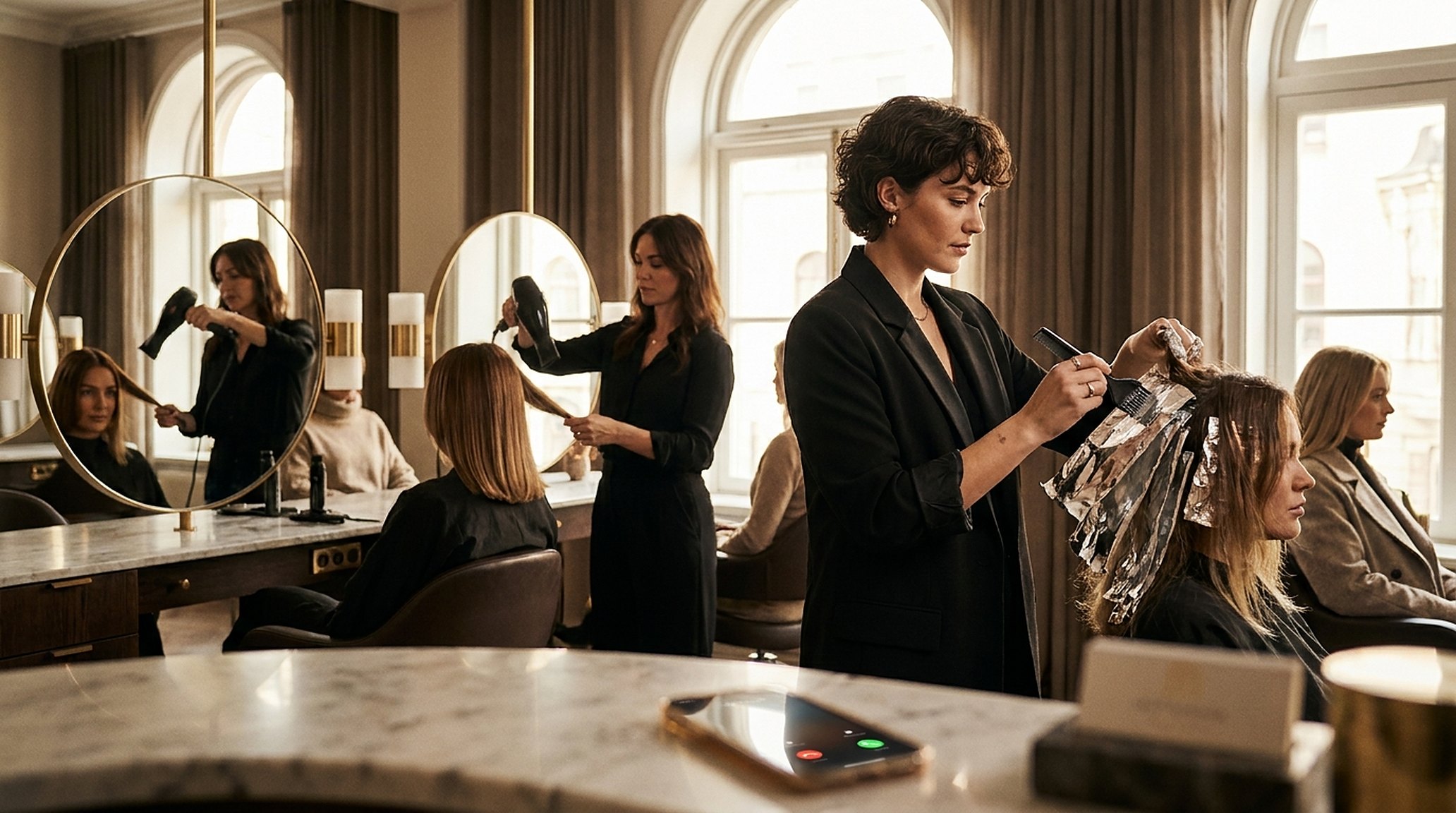 A colourist mid-application, hands in foils, a phone lighting up on the counter, ignored