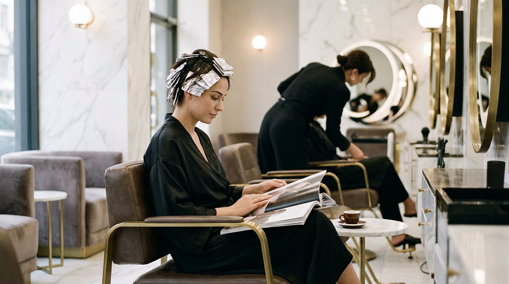 A client relaxed under processing colour, the salon calm around her