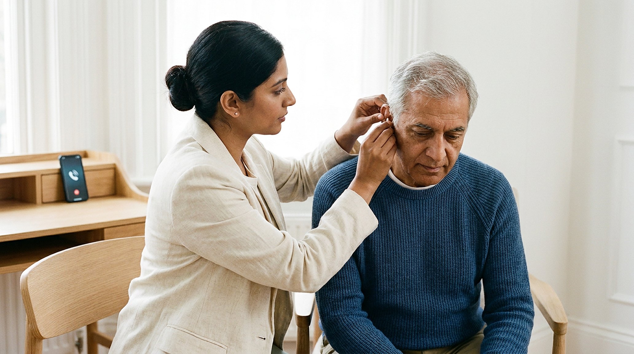 An audiologist fitting a hearing aid on an older patient in a bright consulting room; a phone lit up on the desk, ignored