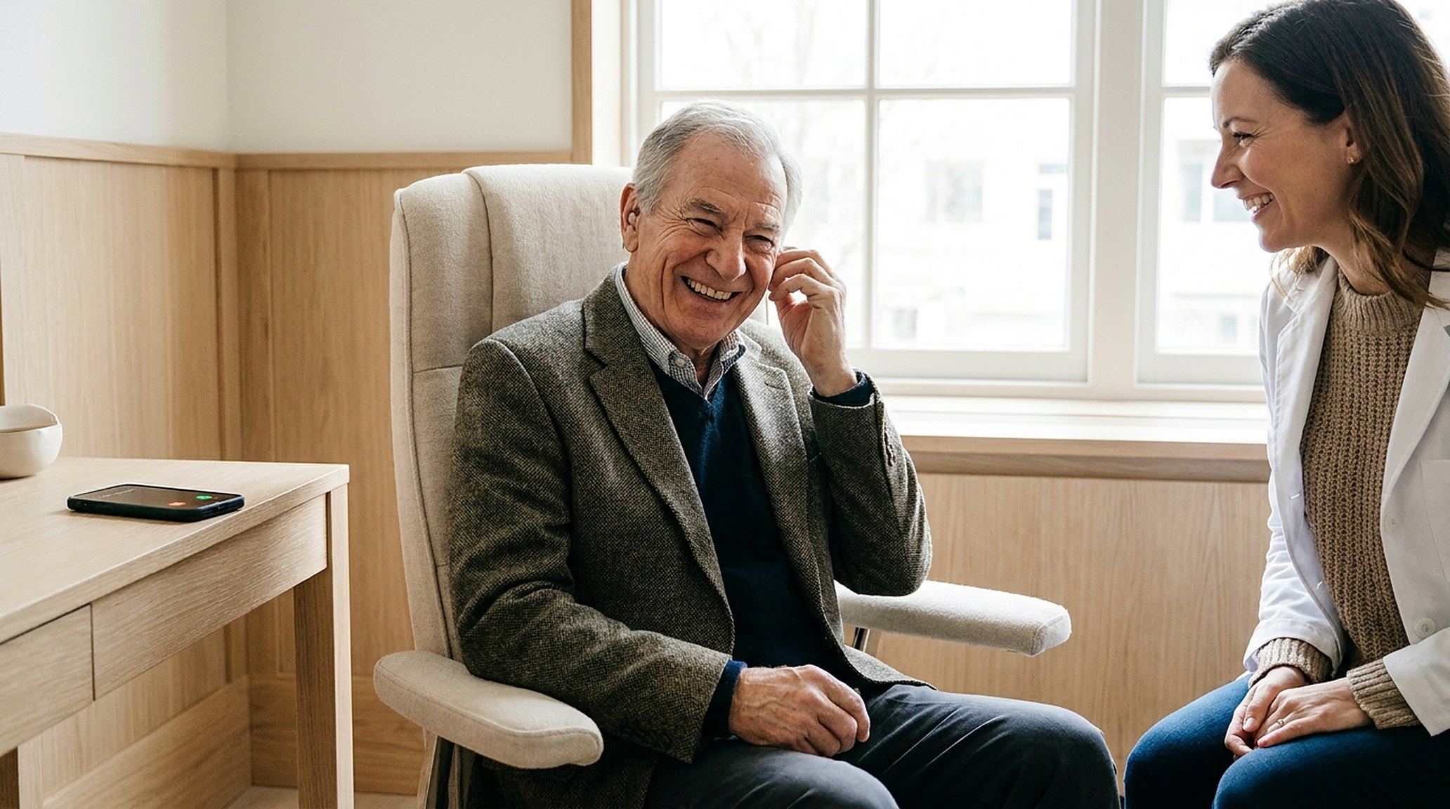 An older man smiling as he hears clearly, the audiologist beside him, daylight