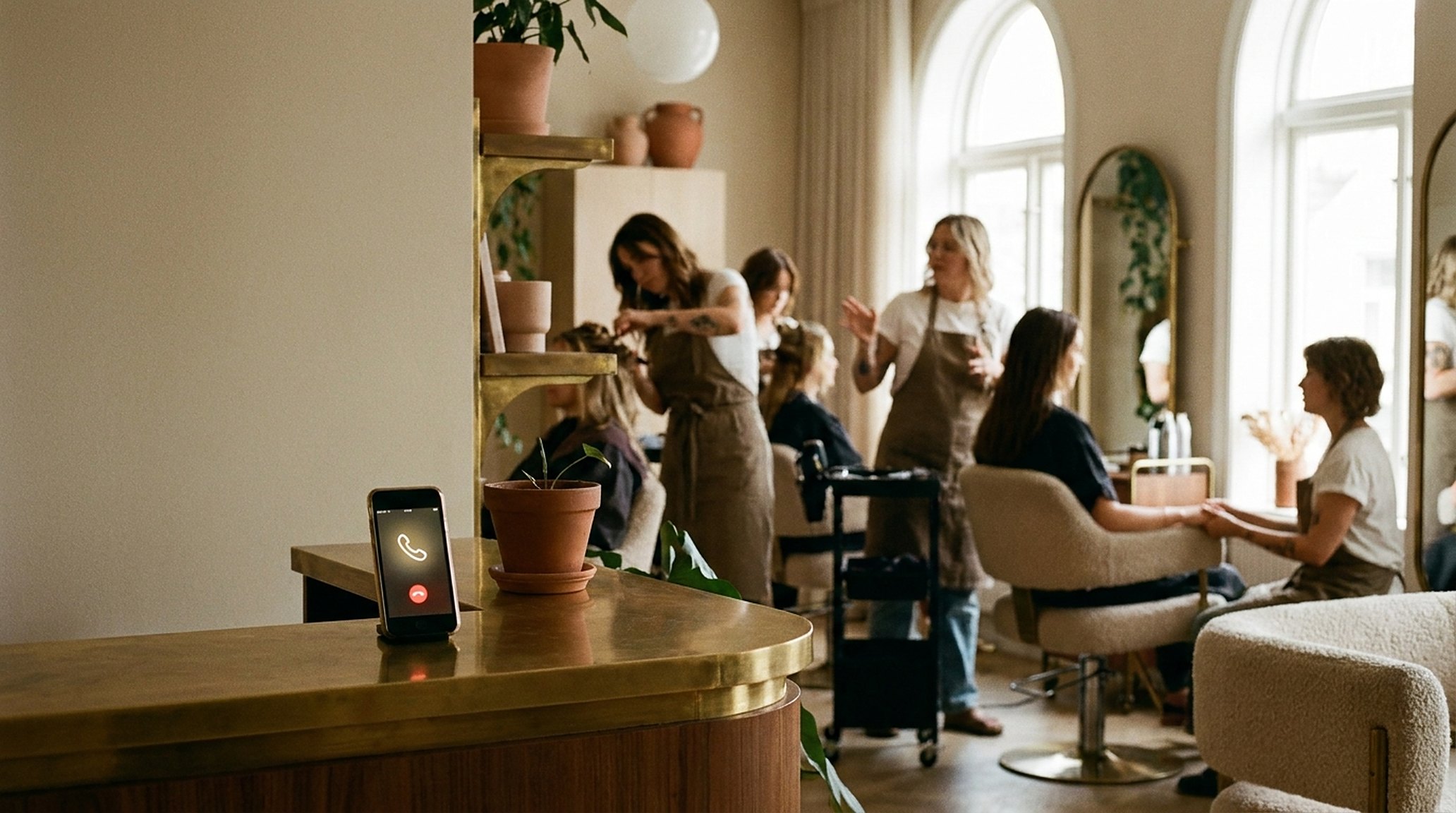 A busy front desk with the phone lit up, while the team works with clients in the background