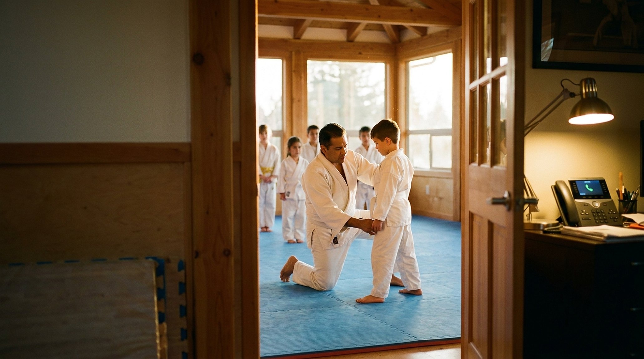 An instructor in a gi correcting a young student's stance on the mat, focused; a phone lit up on the office desk, ignored