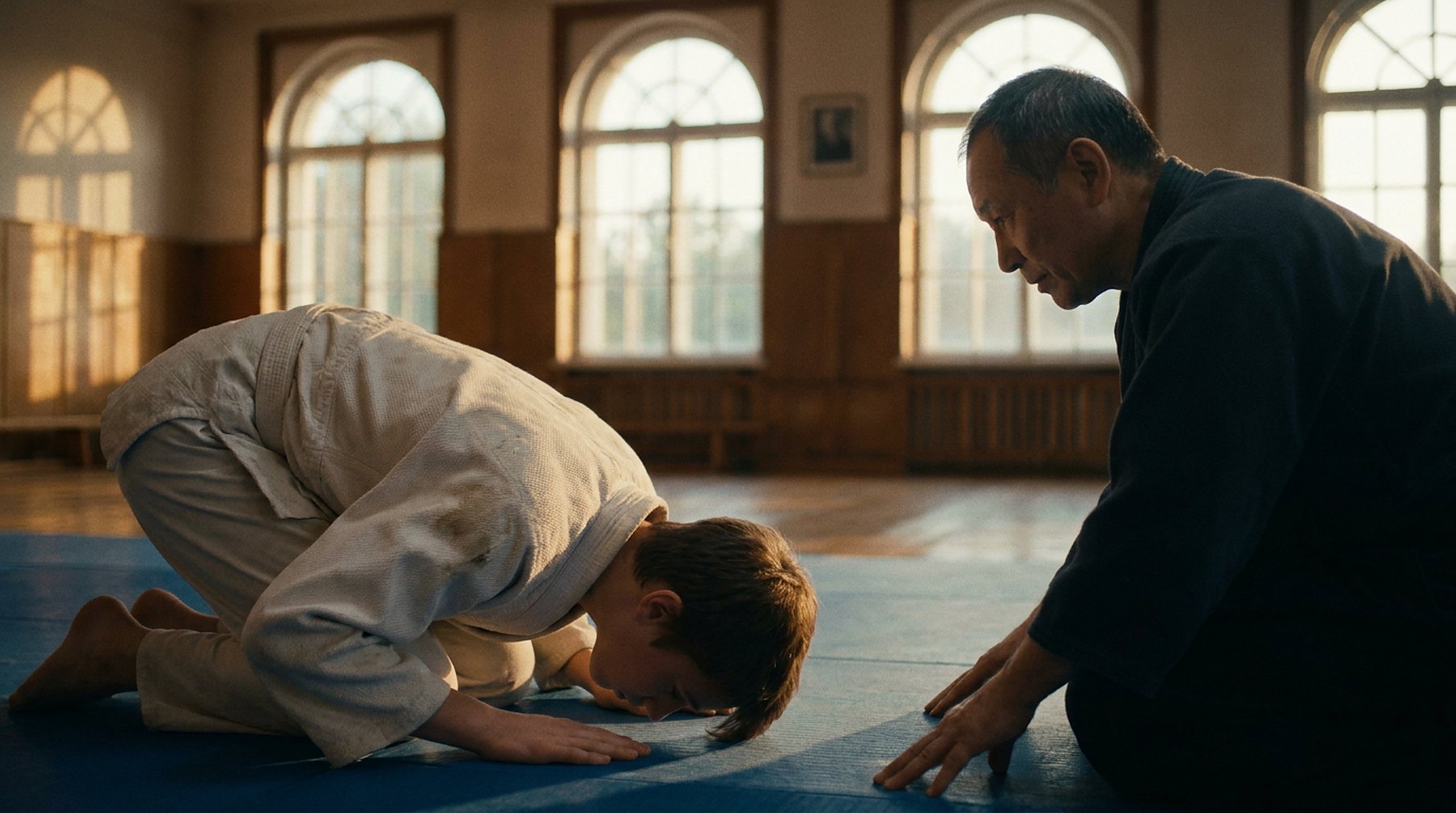 A young student bowing to the instructor at the edge of the mat, evening light