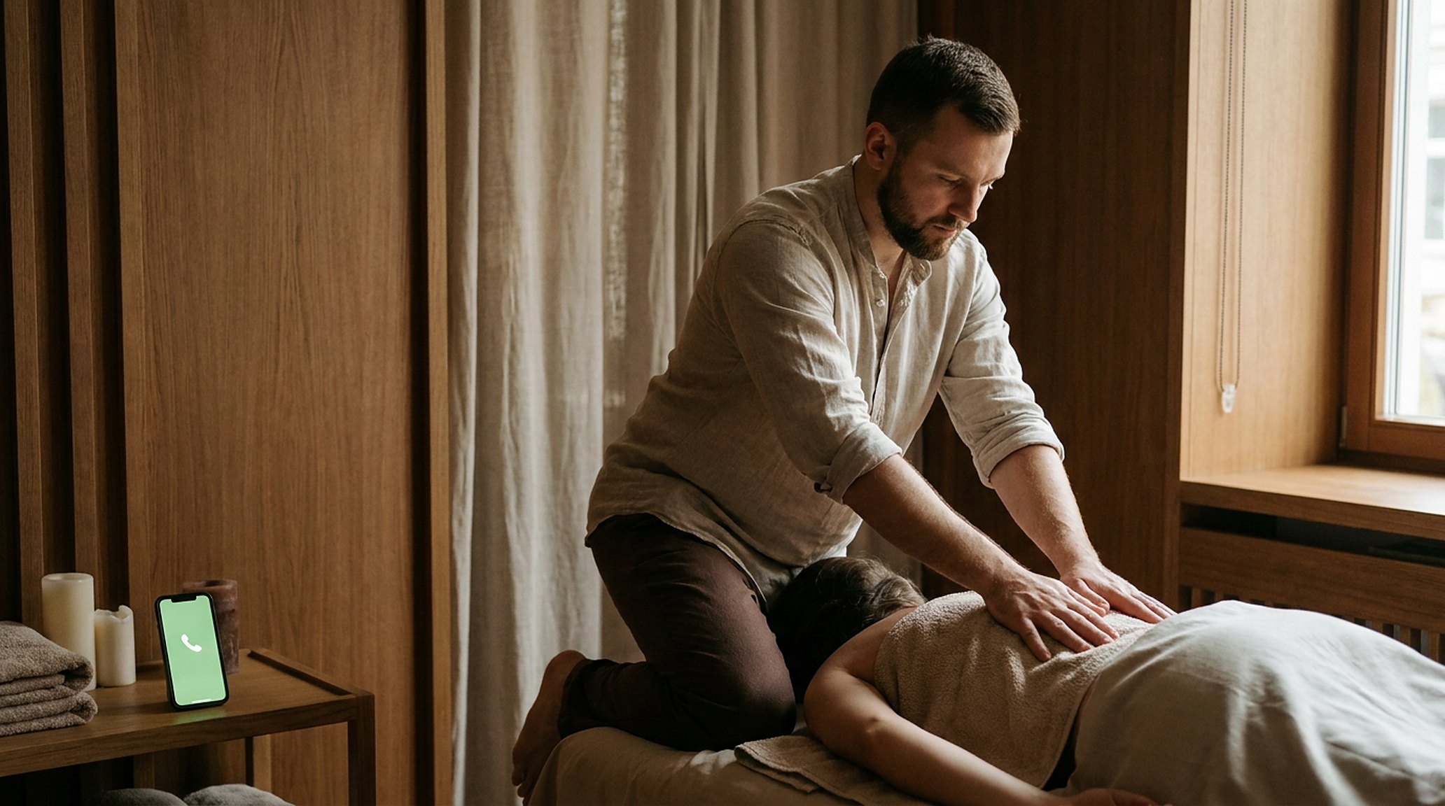 A massage therapist working, hands on a client's back, deeply focused; a phone lit up on the side table, ignored