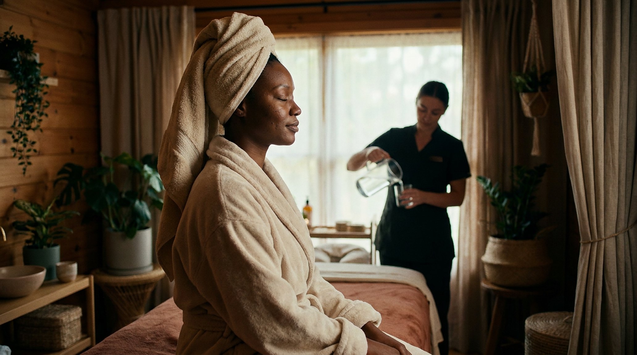 A client relaxed after a session, wrapped in a towel, warm low light in the studio