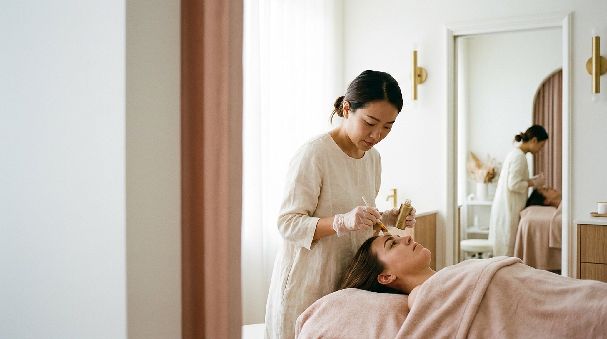 An aesthetics provider mid-treatment, gloved hands on a client's face; a phone lit up on the counter, ignored