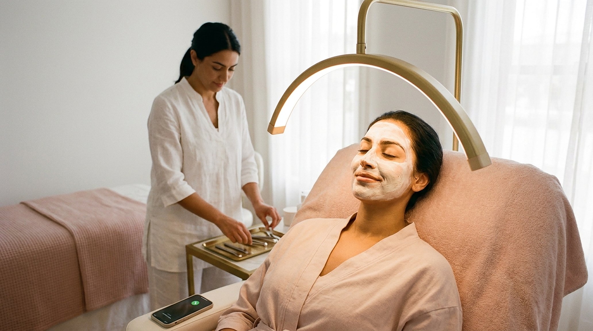 A client relaxed under a mask and soft LED glow, serene