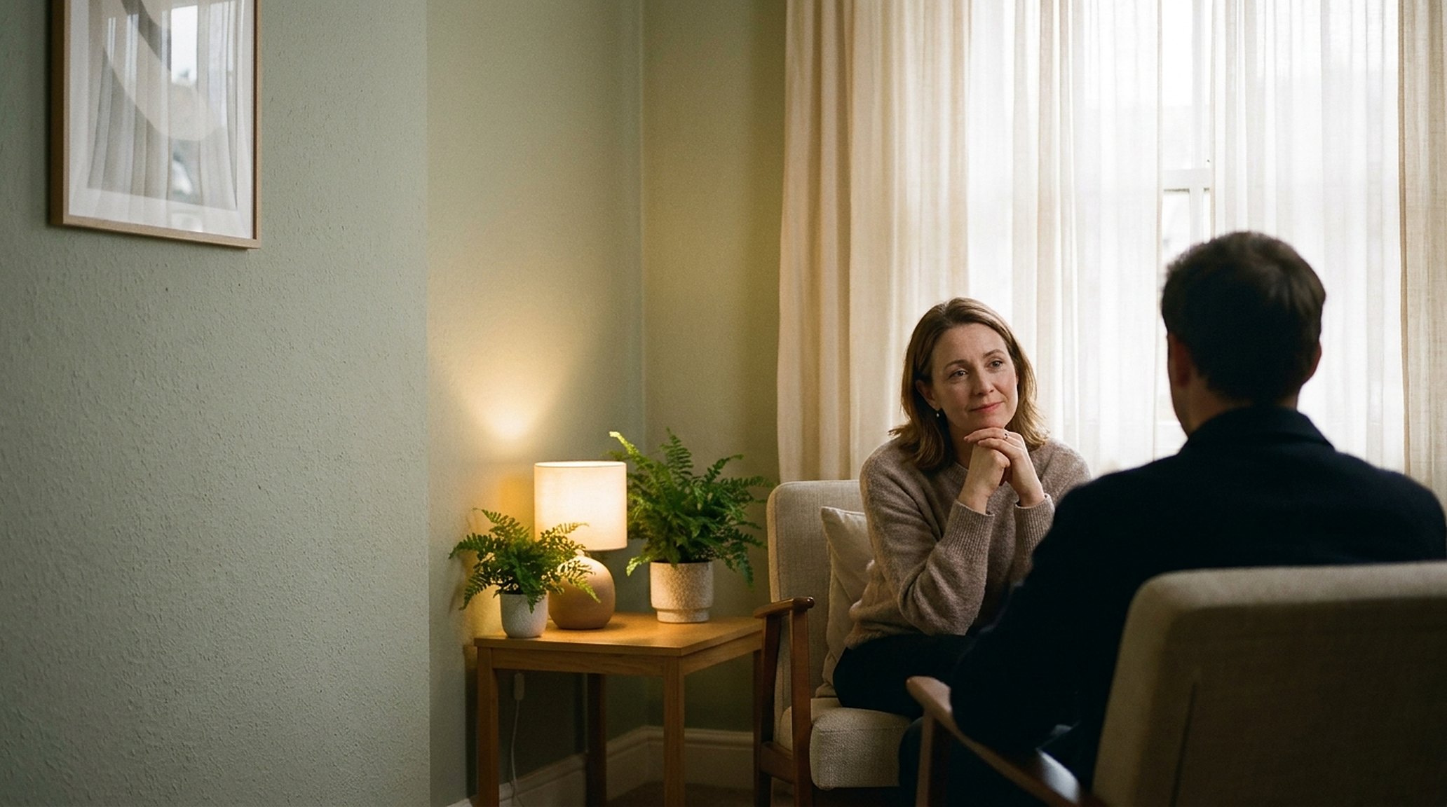 A therapist in a calm consulting room, leaning in, listening to a client seen from behind