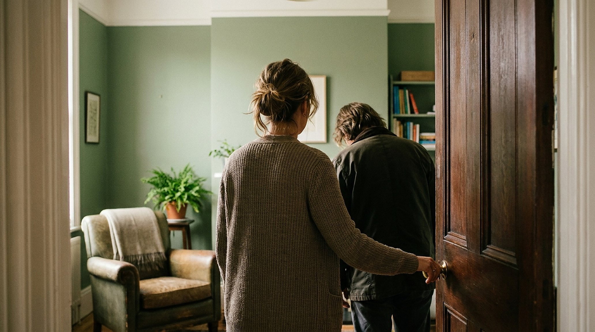 A therapist showing a client to the door at the end of a session, both seen from behind, morning light