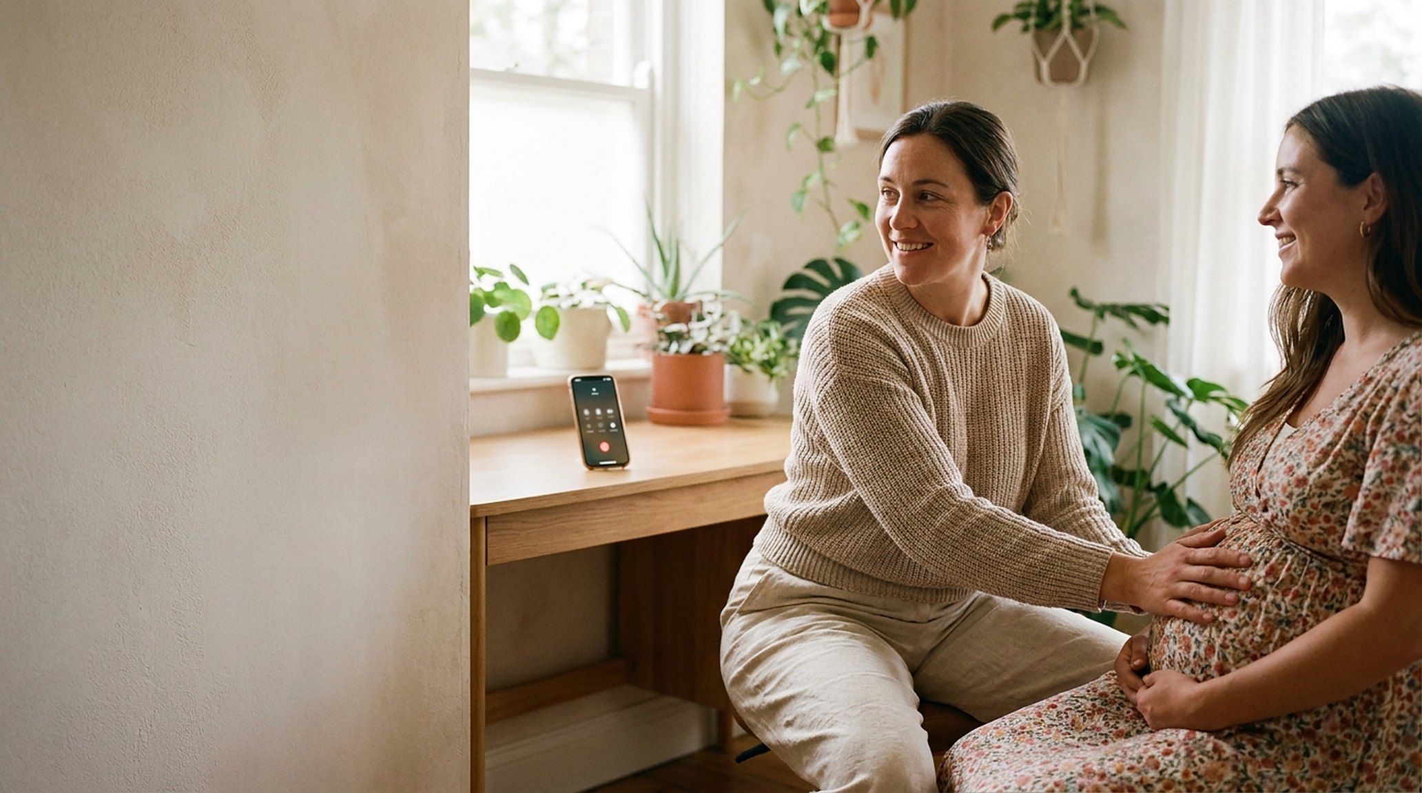 A midwife with a pregnant client at a clinic visit, hands gently on the bump, listening; a phone lit up on the desk, ignored