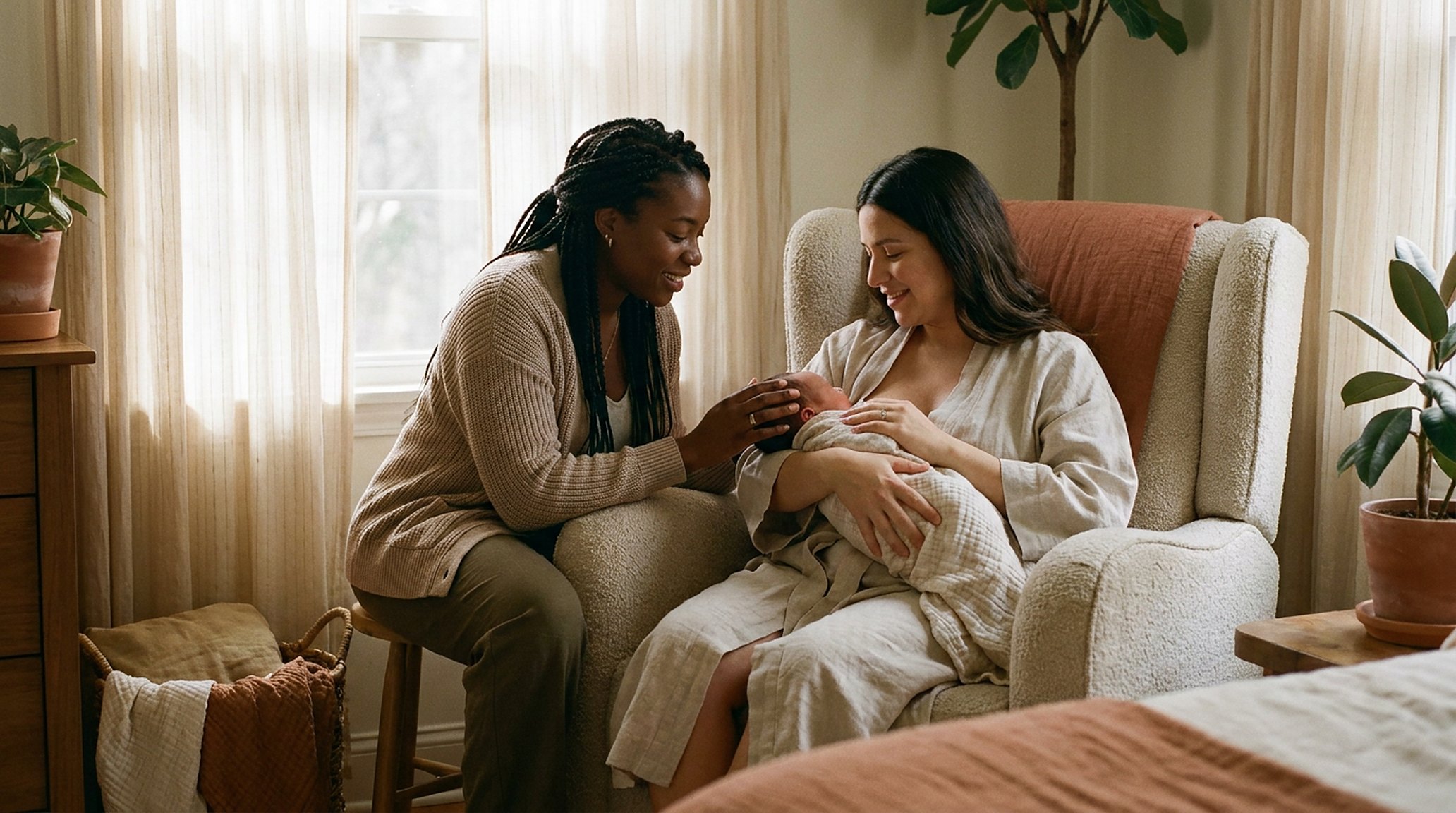 A mother and newborn with a lactation consultant, calm morning light