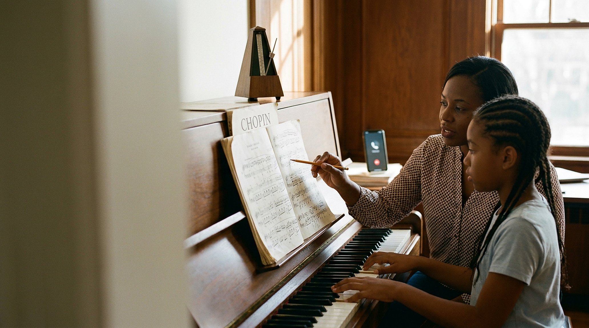 A piano teacher beside a young student at the keys, mid-lesson; a phone lit up on the desk, ignored