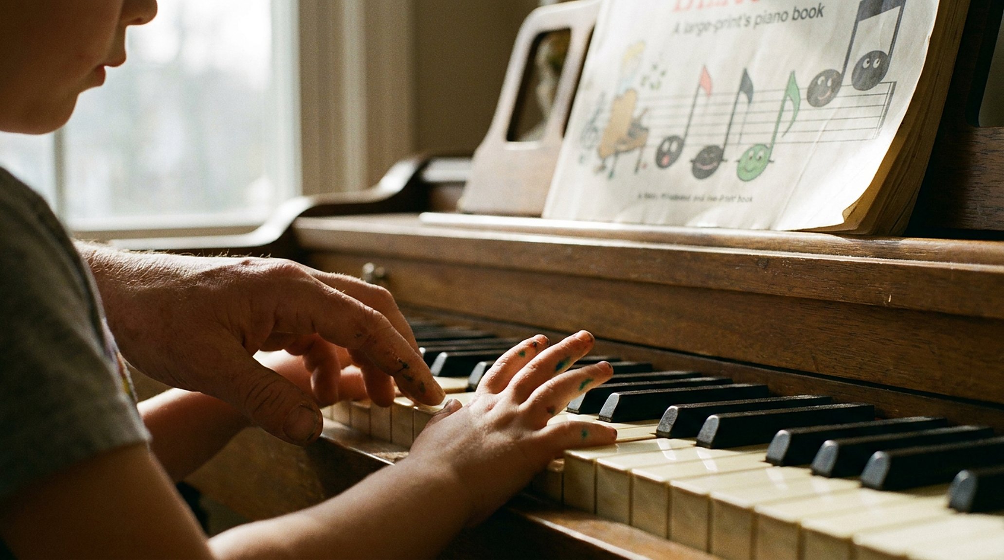 A child's hands on piano keys, a teacher's hand guiding, warm afternoon light