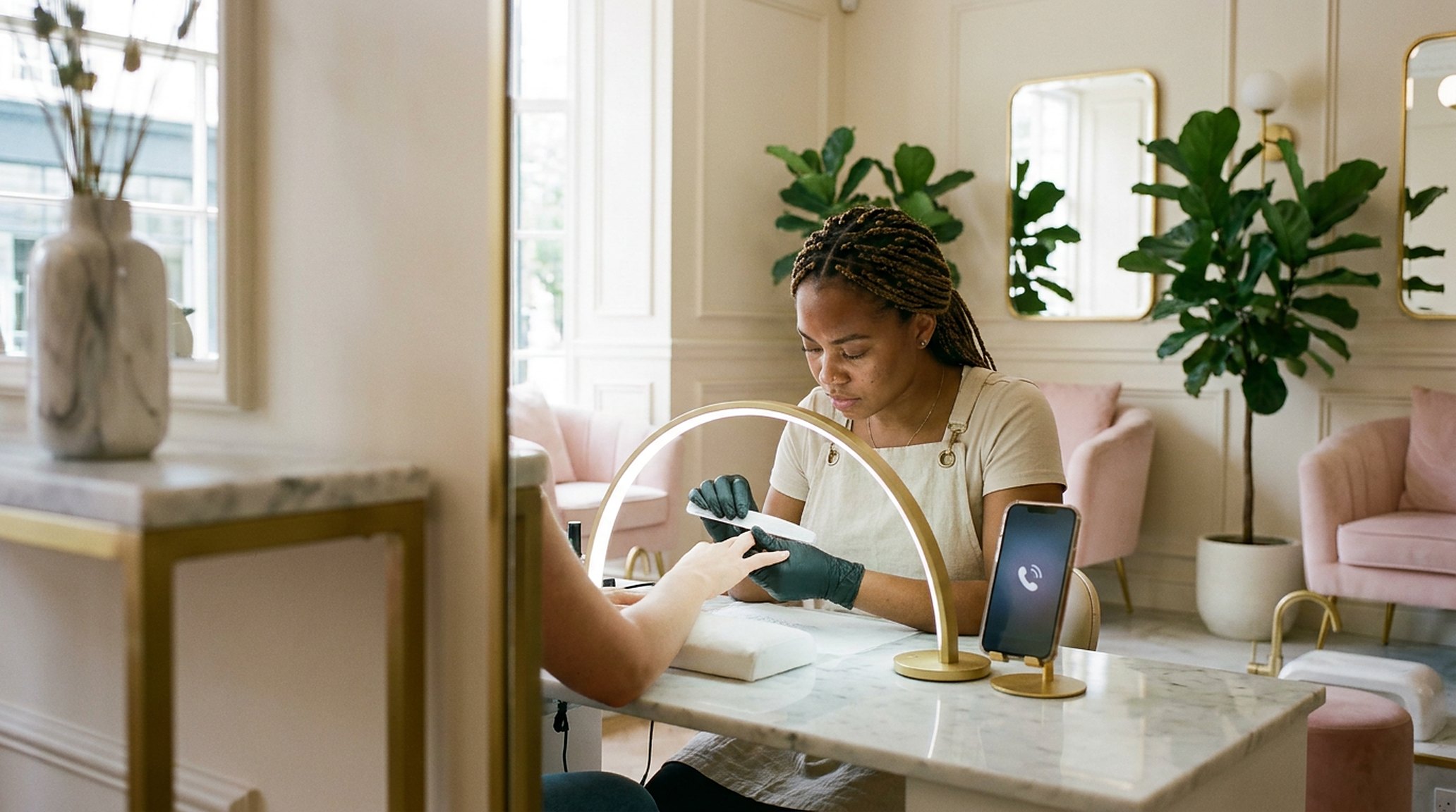 A nail technician mid-manicure, both hands occupied, a phone lit up on the desk beside her, ignored