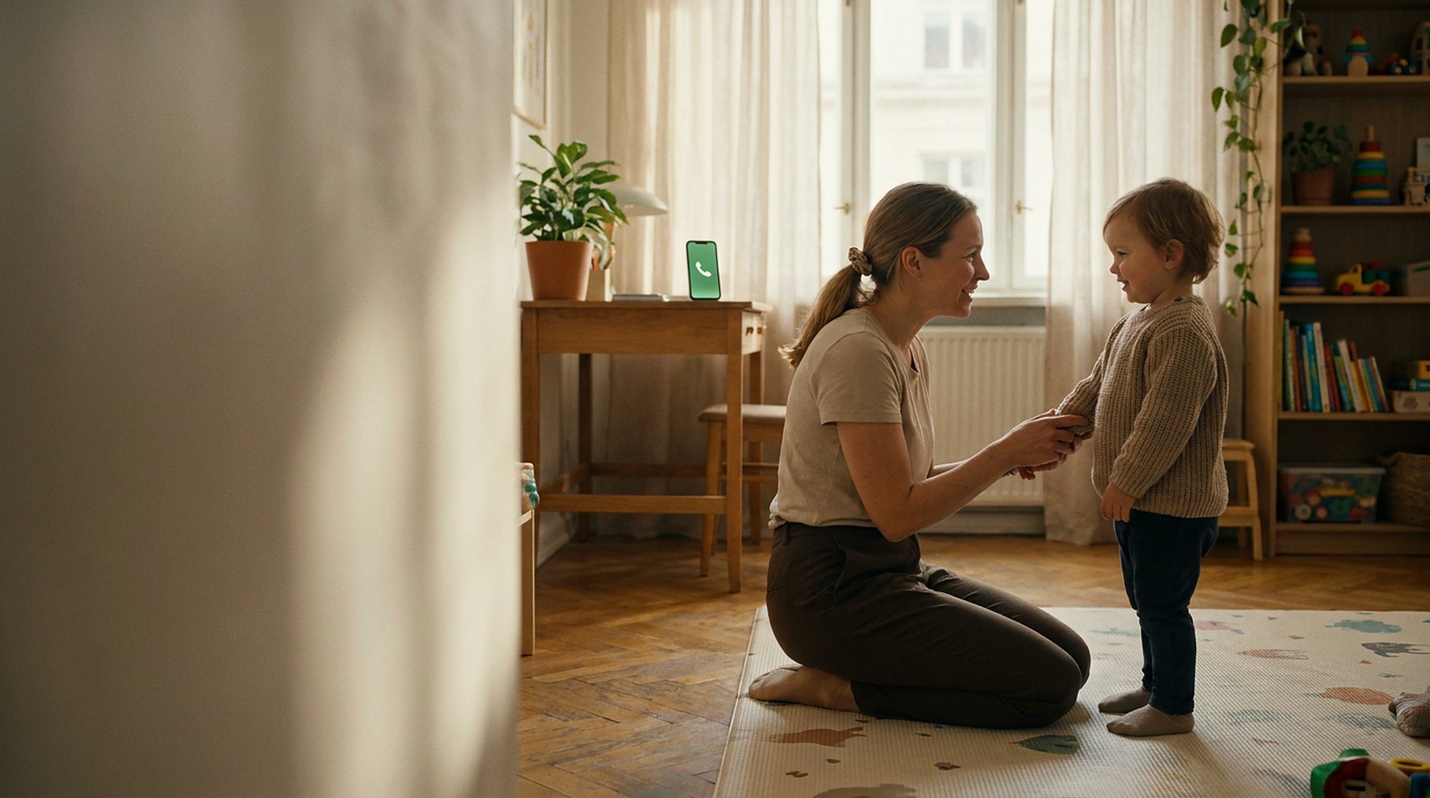 A therapist kneeling on a mat with a young child, fully engaged; a phone lit up on the desk behind, ignored