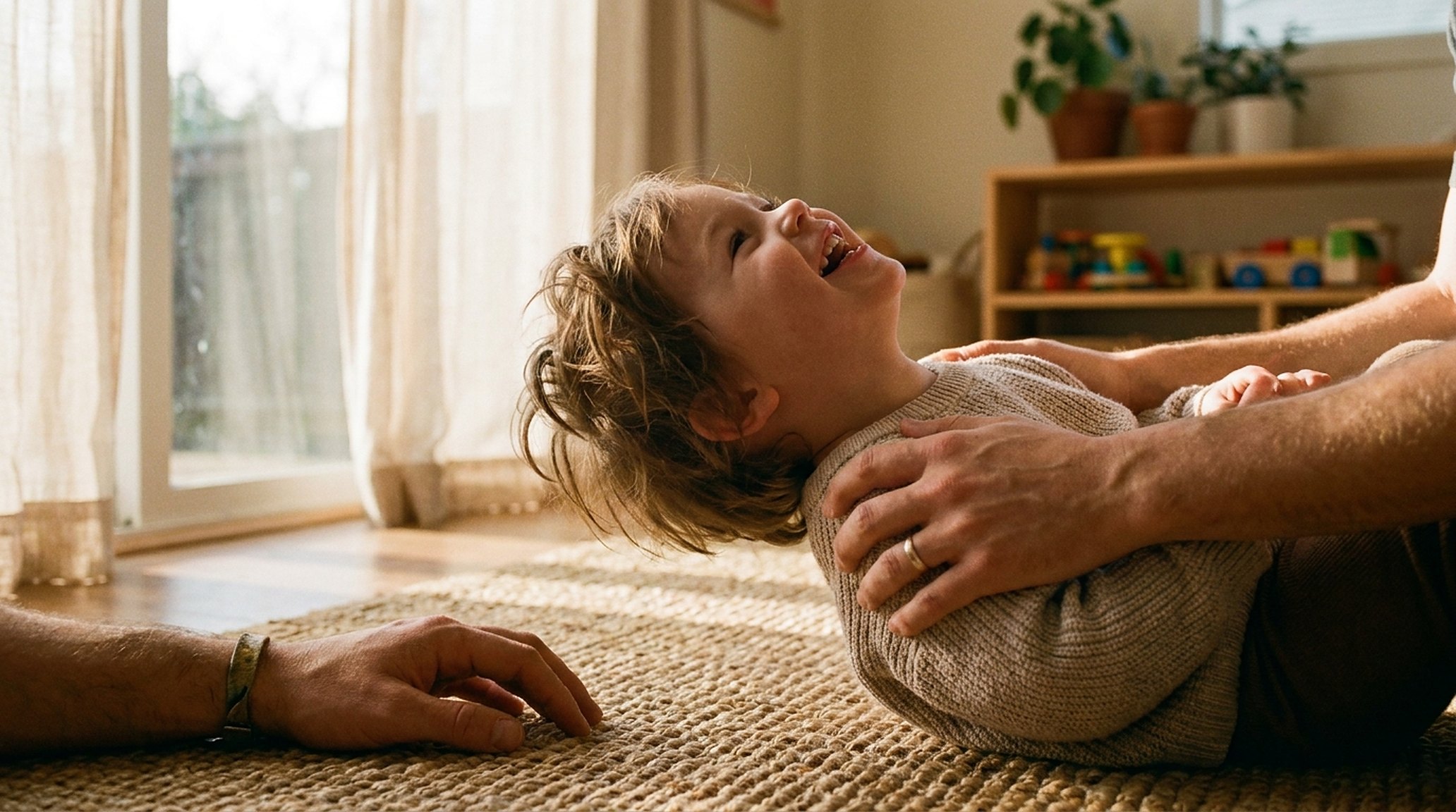 A child laughing mid-session, the therapist's hands guiding a movement, sunlight in the room