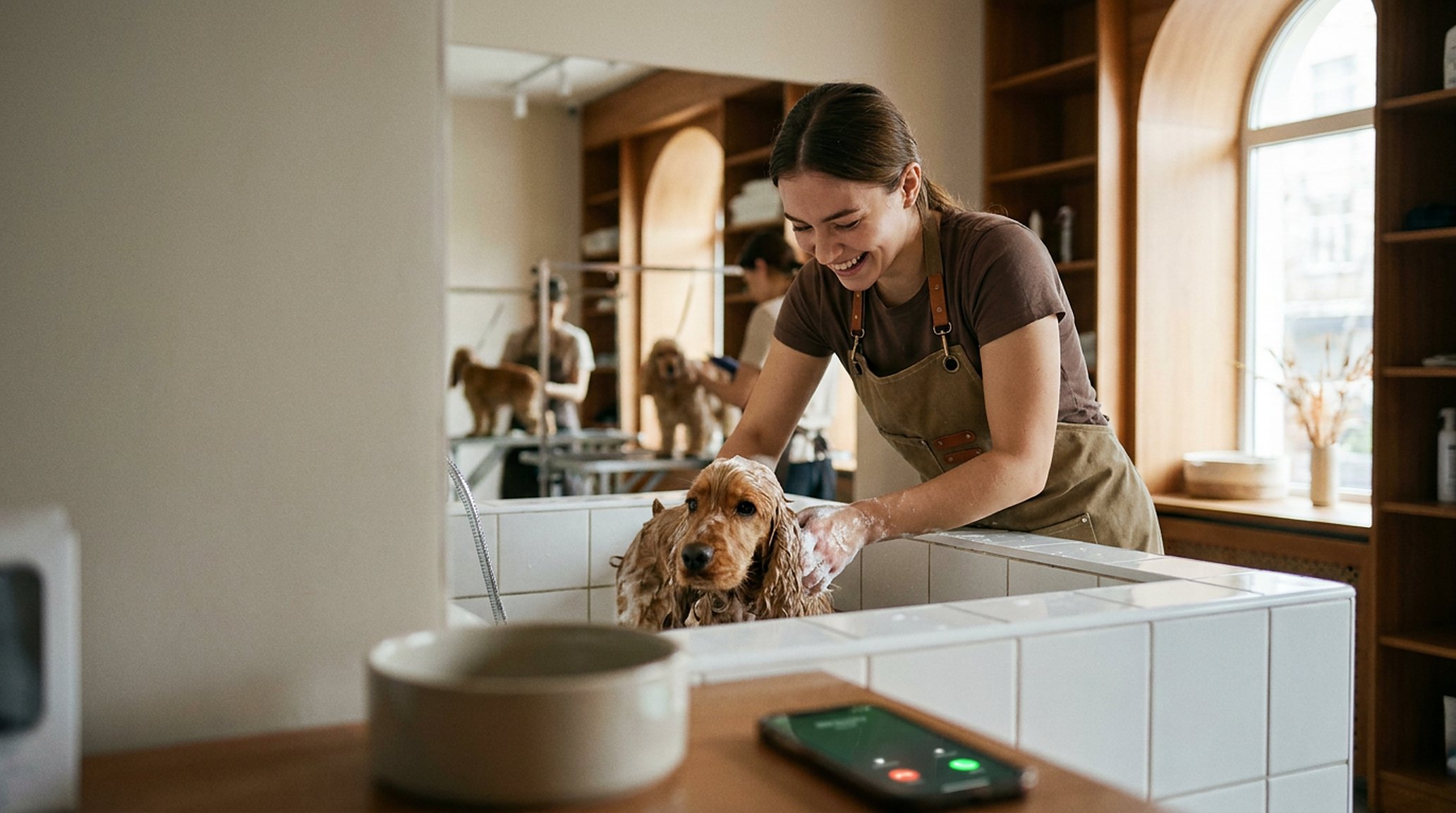 A groomer bathing a spaniel in a tub, both hands busy, focused; a phone lit up on the counter, ignored