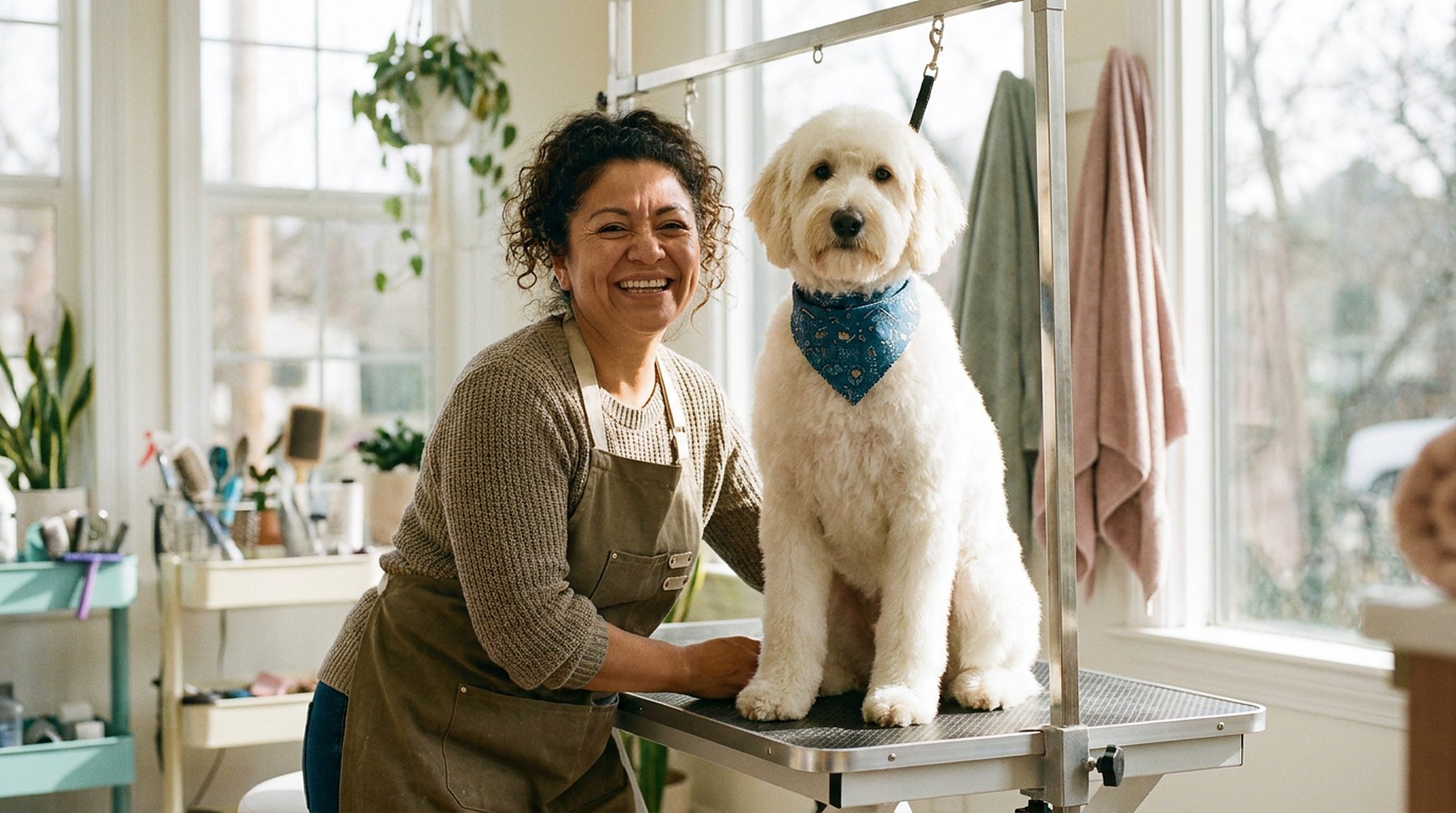 A freshly groomed dog on the table, bandana on, groomer proud beside it