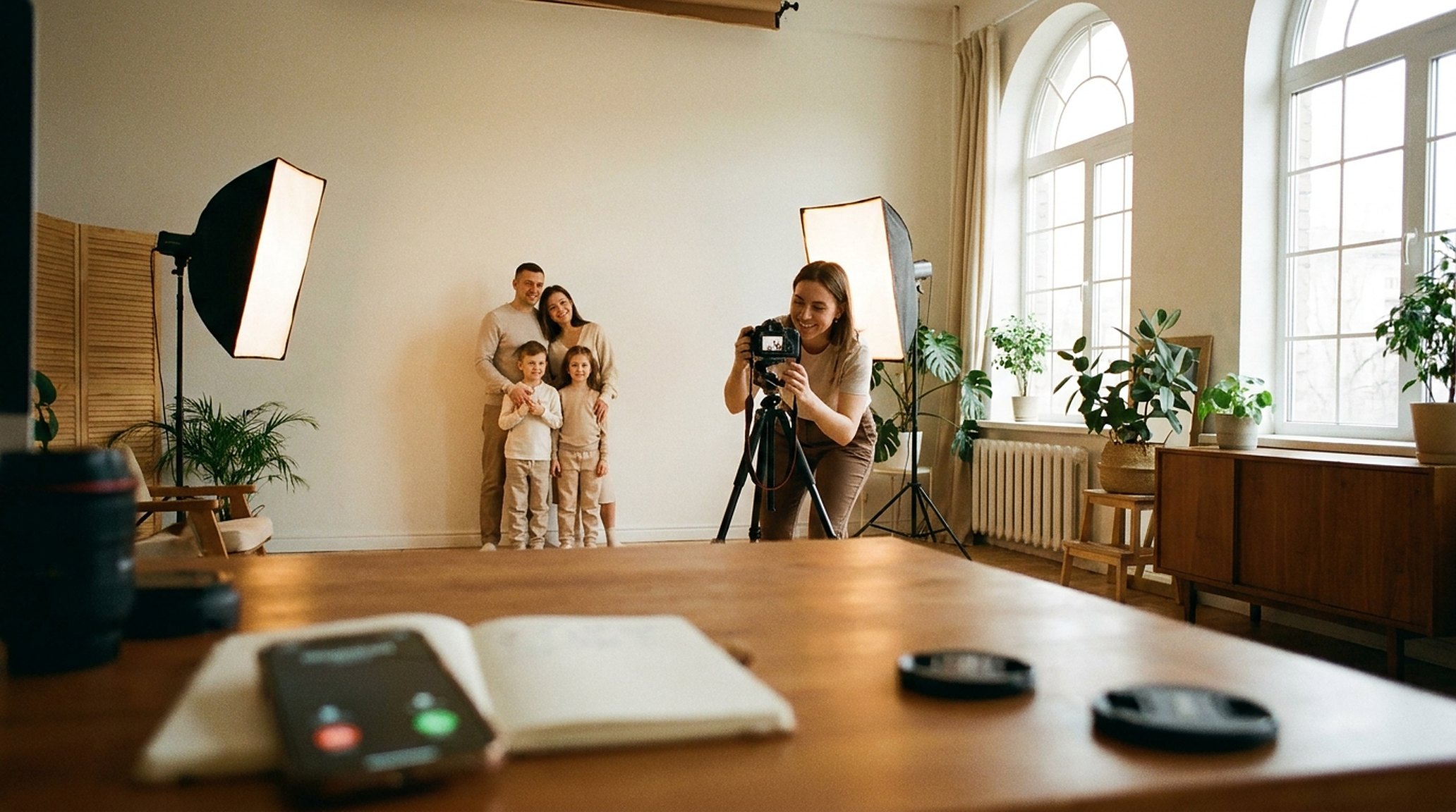 A photographer crouched behind the camera photographing a family in a bright studio; a phone lit up on the desk, ignored