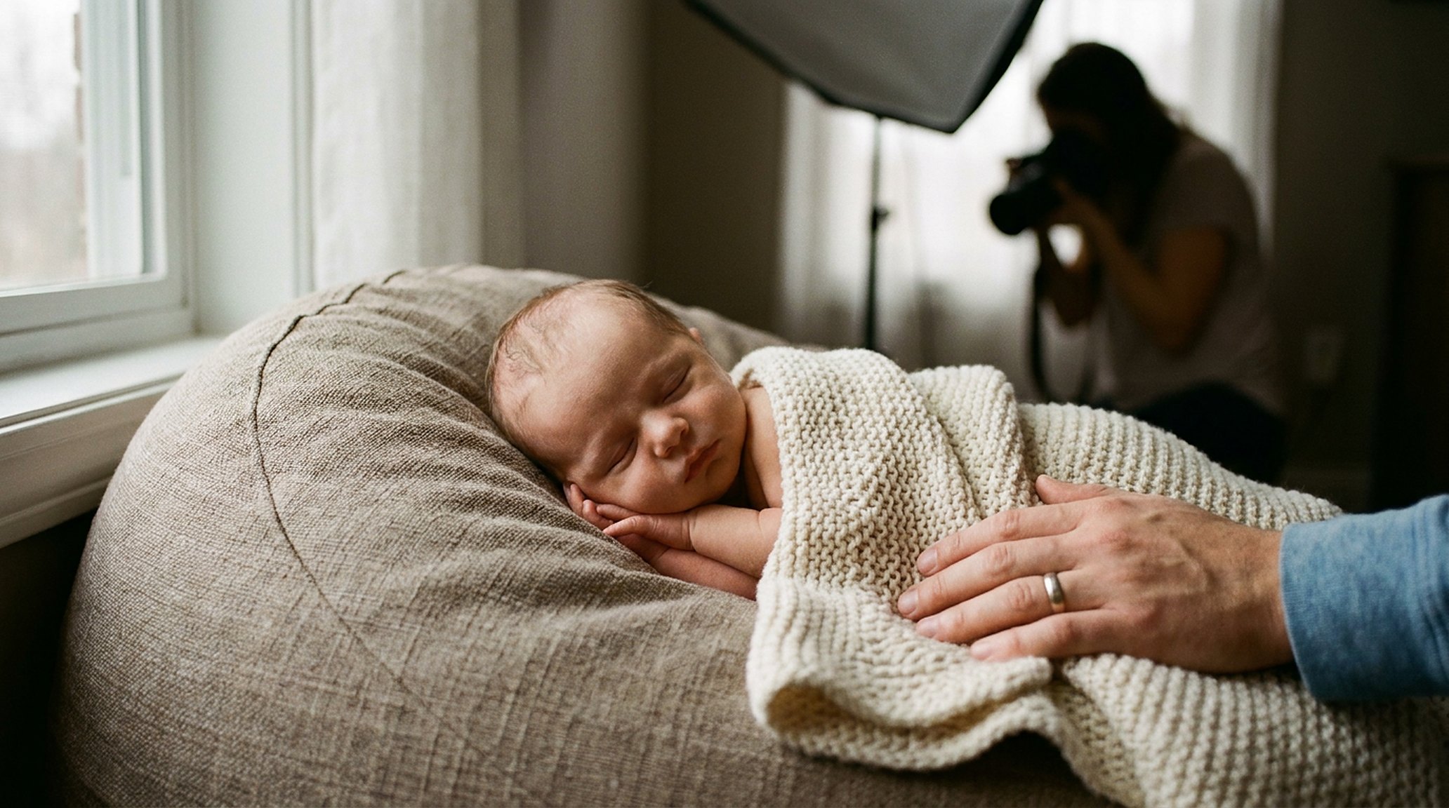 A newborn asleep in a soft wrap under studio light, a parent's hand at the edge of frame