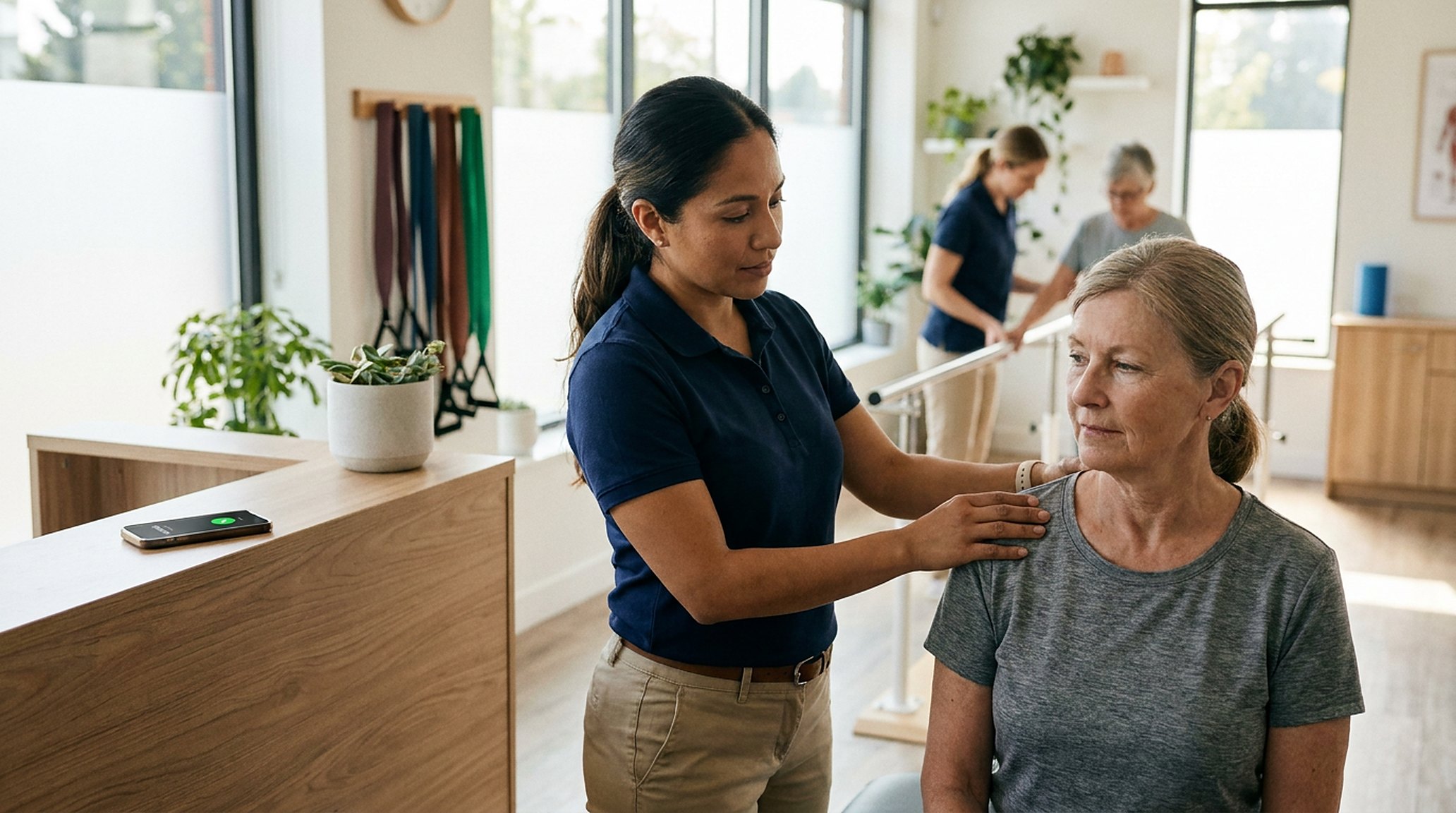 A physiotherapist guiding a patient's shoulder through a movement, hands on; the desk phone lit up behind, ignored