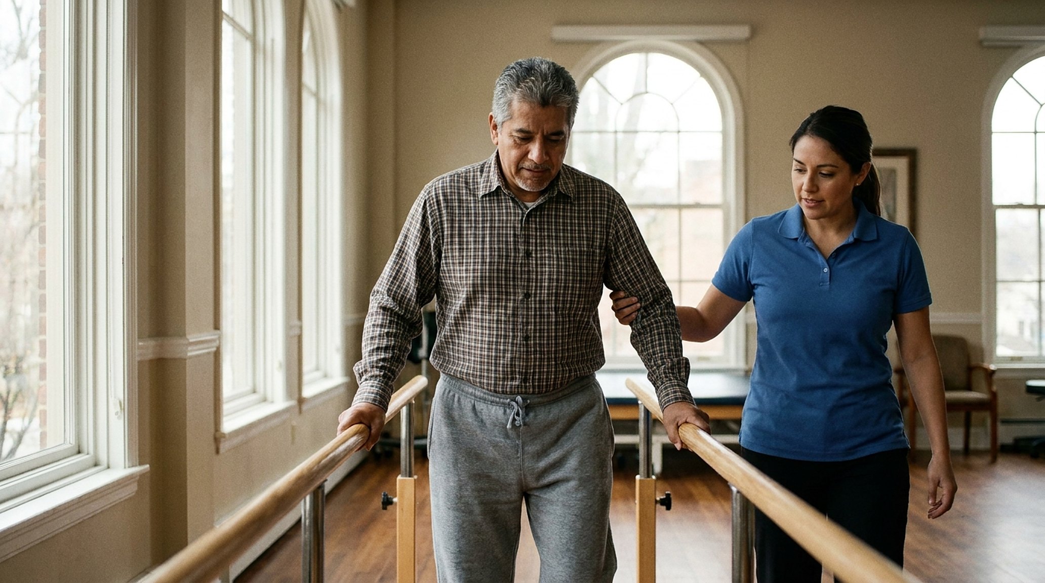 A patient between parallel bars, therapist alongside, morning light in the clinic