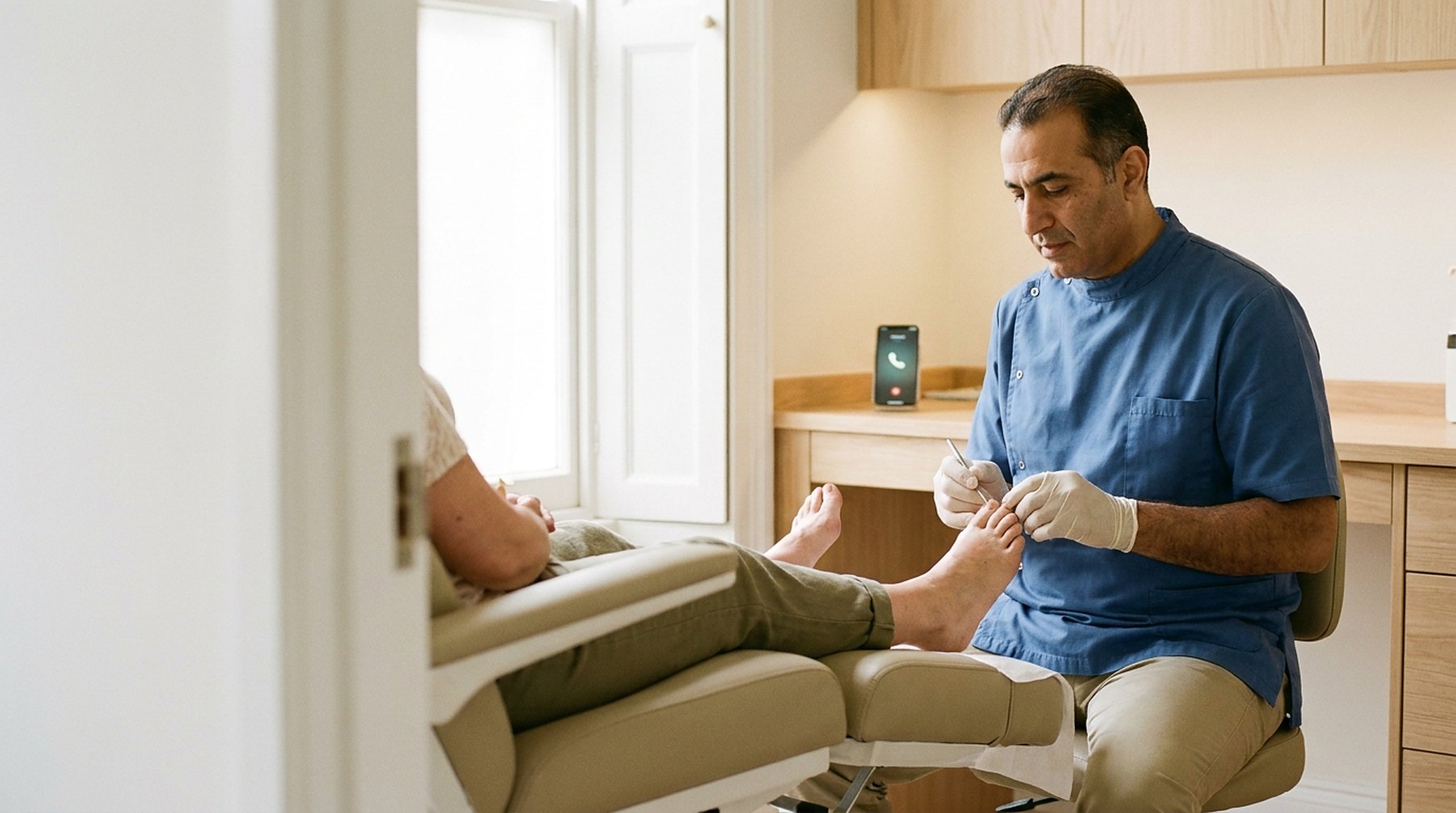 A podiatrist mid-treatment, gloved and focused, patient reclined; a phone lit up on the desk, ignored