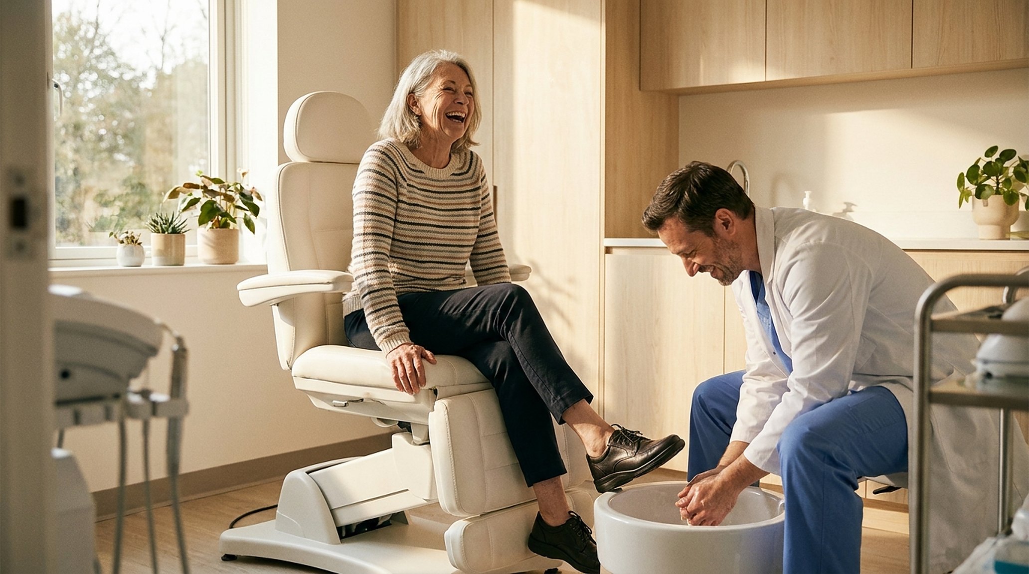 An older patient chatting with the podiatrist after treatment, shoes back on, morning light