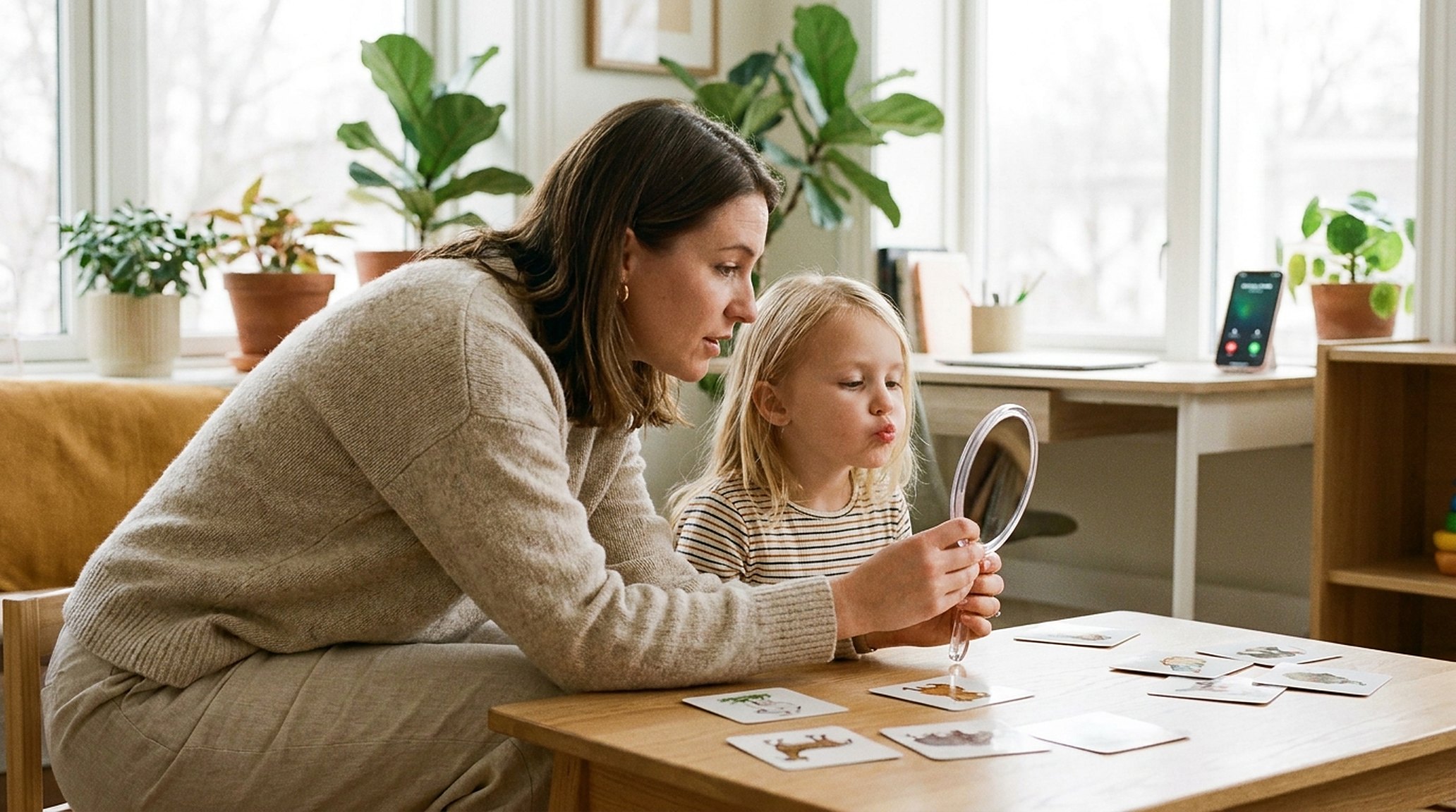 A speech therapist and a girl of six at a low table with picture cards and a small mirror; on the desk behind, a phone lights up