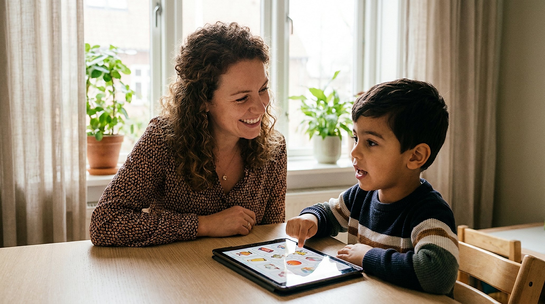 A boy of eight and the therapist at a table with a tablet of picture cards, mid-word