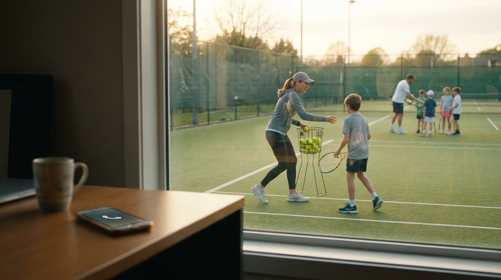 A tennis coach feeding balls to a young player, focused; a phone lit up on the clubhouse desk, ignored