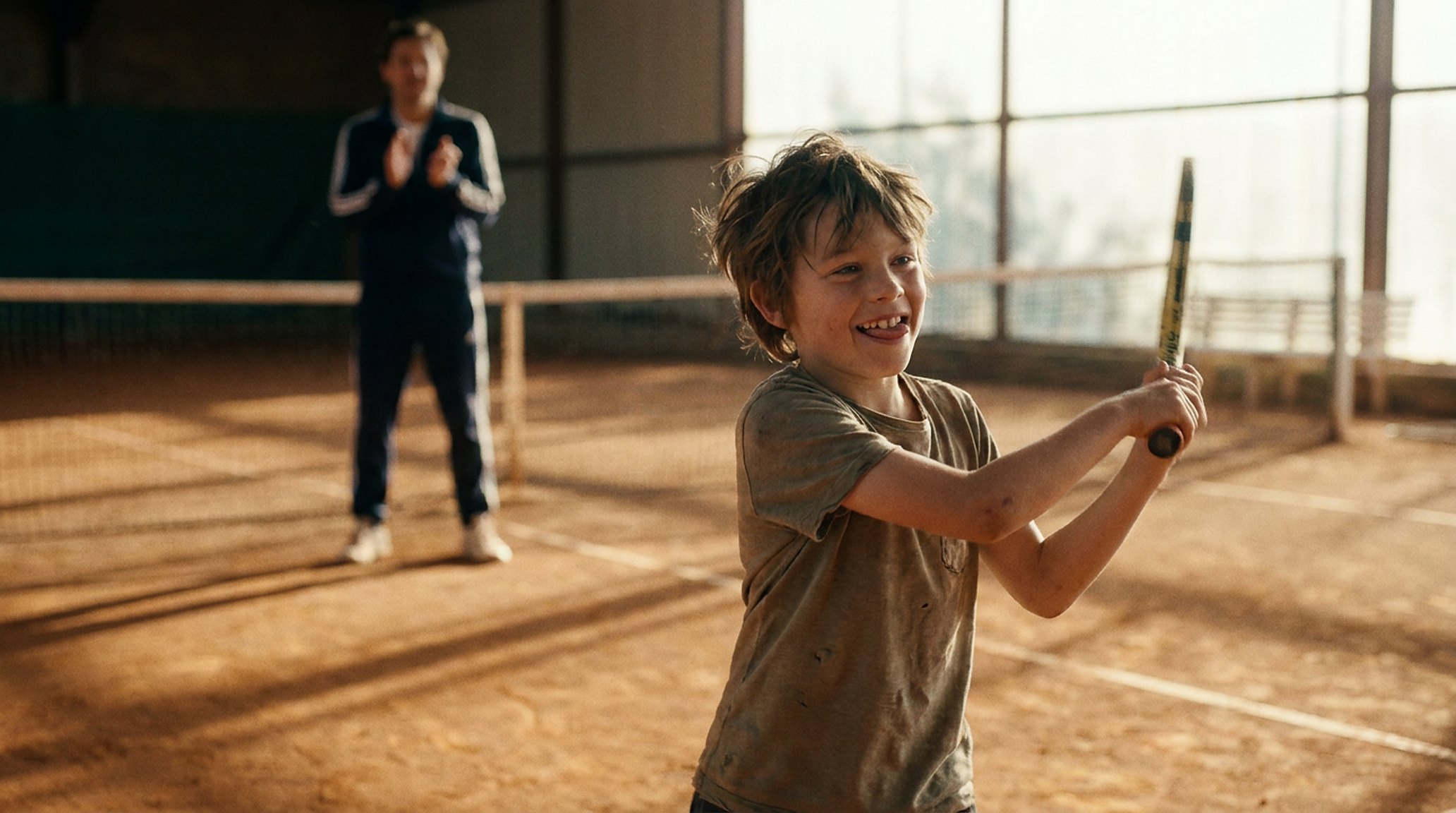 A young player mid-swing on a sunlit court, coach applauding