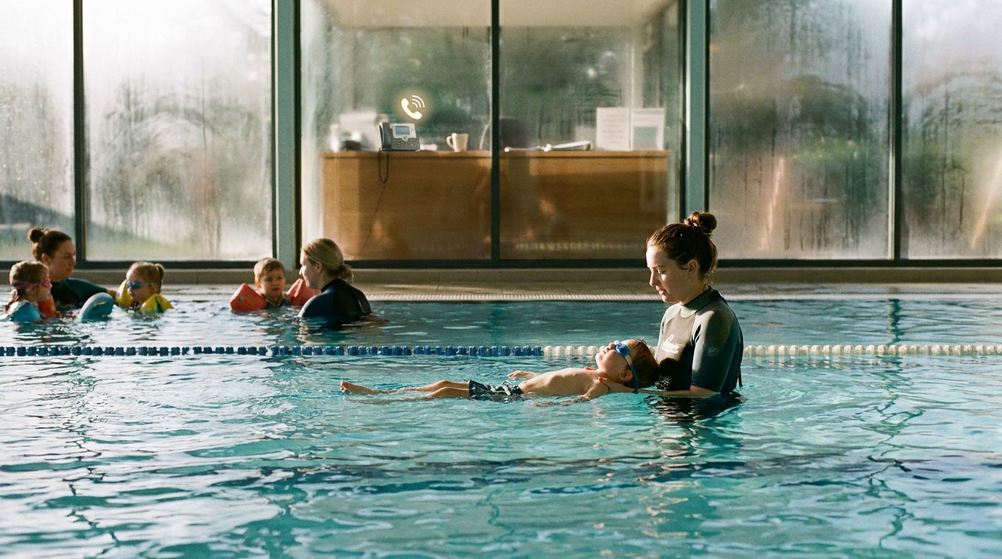 A swim teacher in the water guiding a young child, focused; a phone lit up on the reception desk beyond the glass, ignored